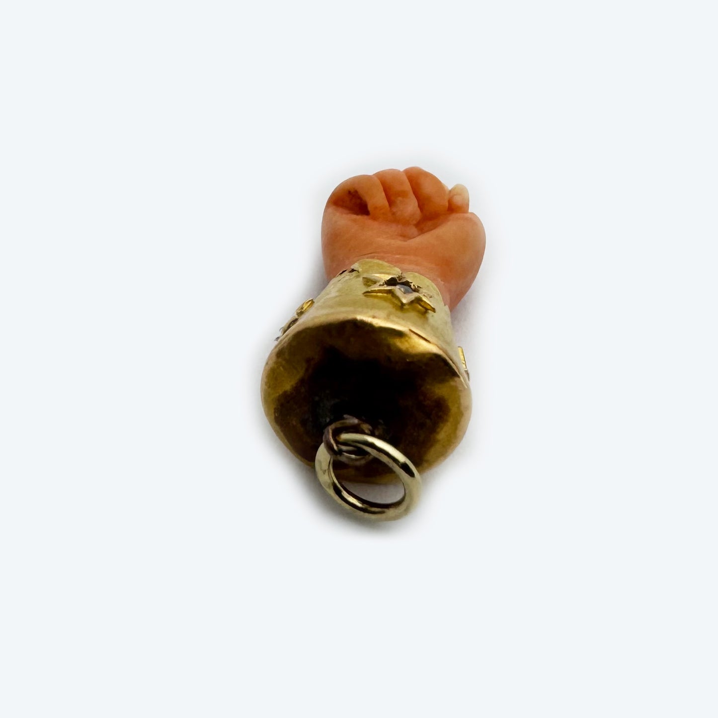 Antique 18k Gold Mediterranean Coral Figa Charm, Victorian Lucky Amulet Diamonds