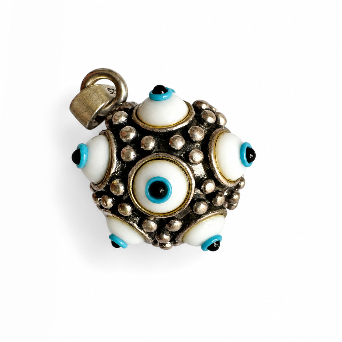 Vintage 925 Sterling Silver Multi Evil Eye Pendant, 12 Glass Nazar Eyes, Hollow Orb Protection Amulet, Unisex Jewelry