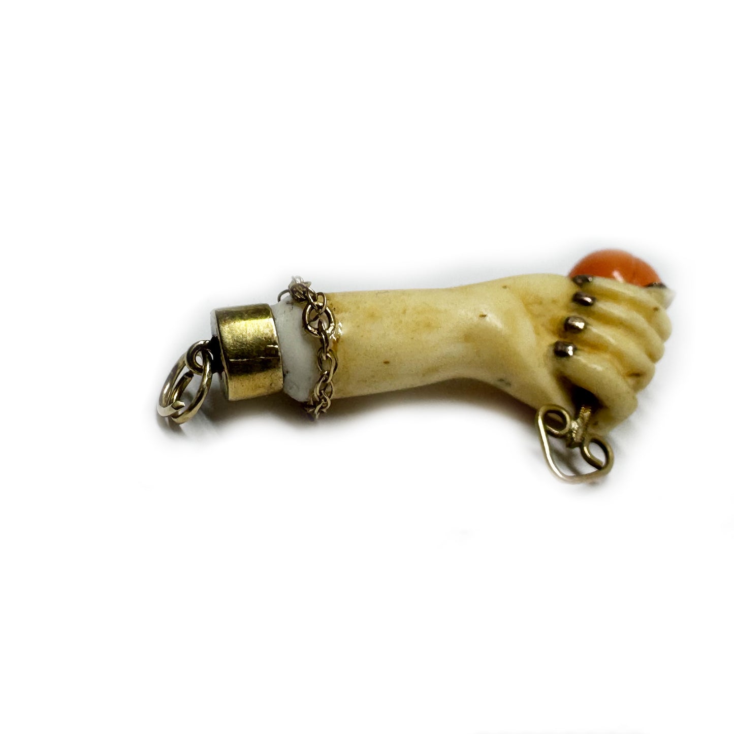 Antique Victorian Bone Figa Pendant with 9k Gold Details and Coral Rose, 19th-Century Italian Mano Fico Amulet