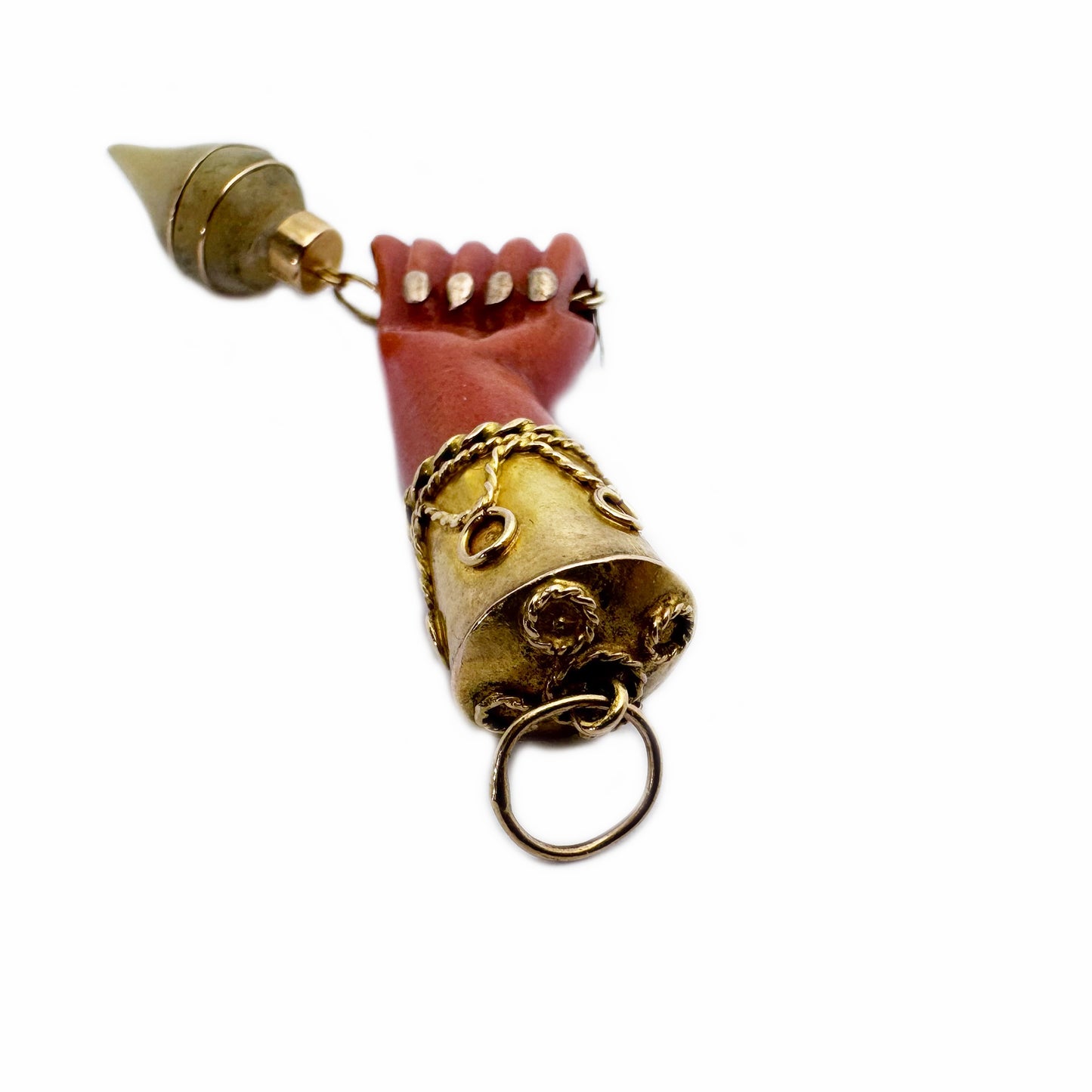 Vintage 14k Gold Mano Fico Pendant, 14 ct Gold Galalith Mother of Pearl Figa, Italian Good Luck Hand Charm