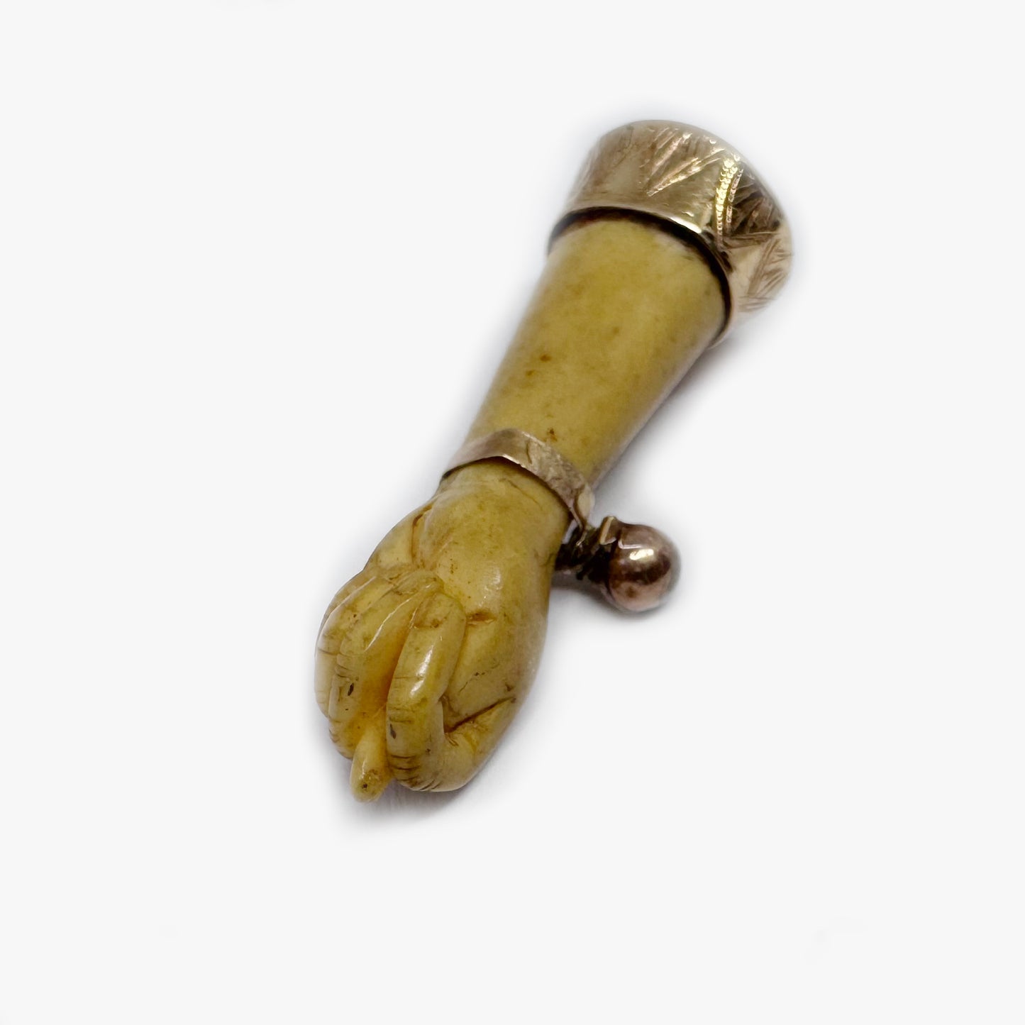 Antique Victorian Bone Figa Hand Pendant, 14k Gold Amulet Charm, Mano Fico Lucky Hand