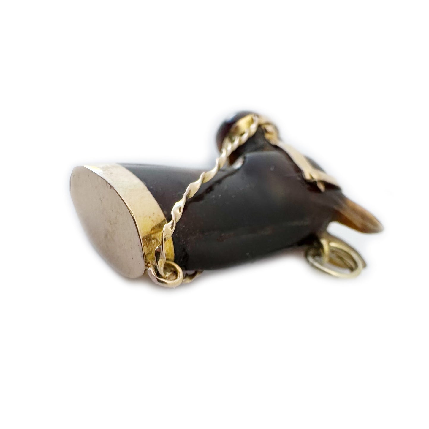 Vintage Horse Head Charm Pendant, Stained Horn & 14k Gold, Equestrian Jewellery, Mid Century Animal Talisman, Antique Style Gold Charm