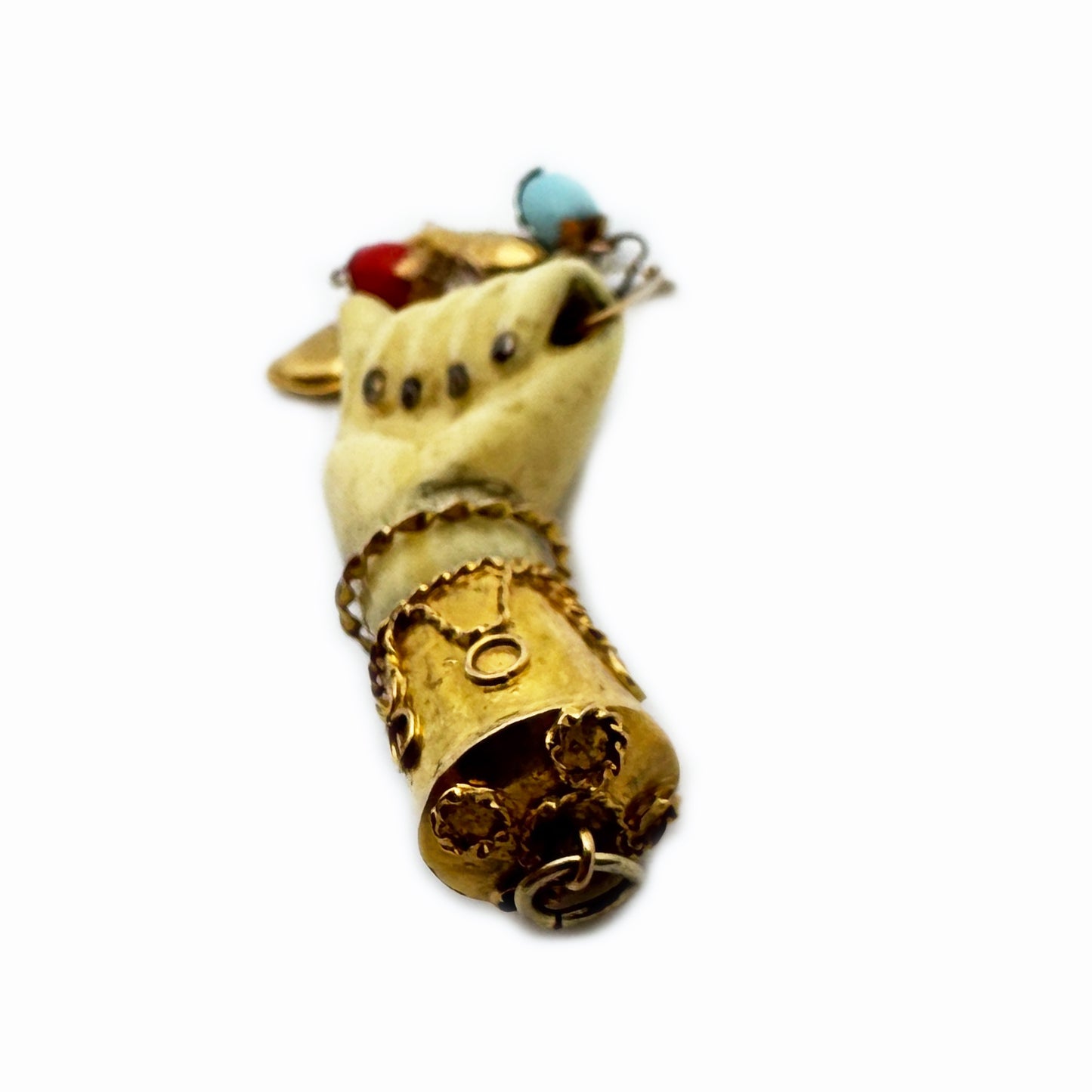 Antique 18k Gold Mano Figa Pendant: Victorian Bone Charm with Heart & Fish