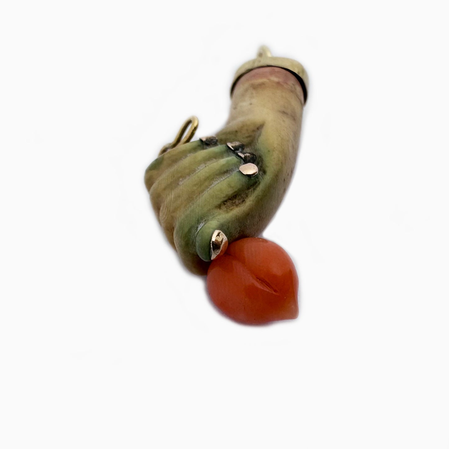 Victorian Bone Figa Pendant, 9k Gold & Coral, Mano Fico Amulet