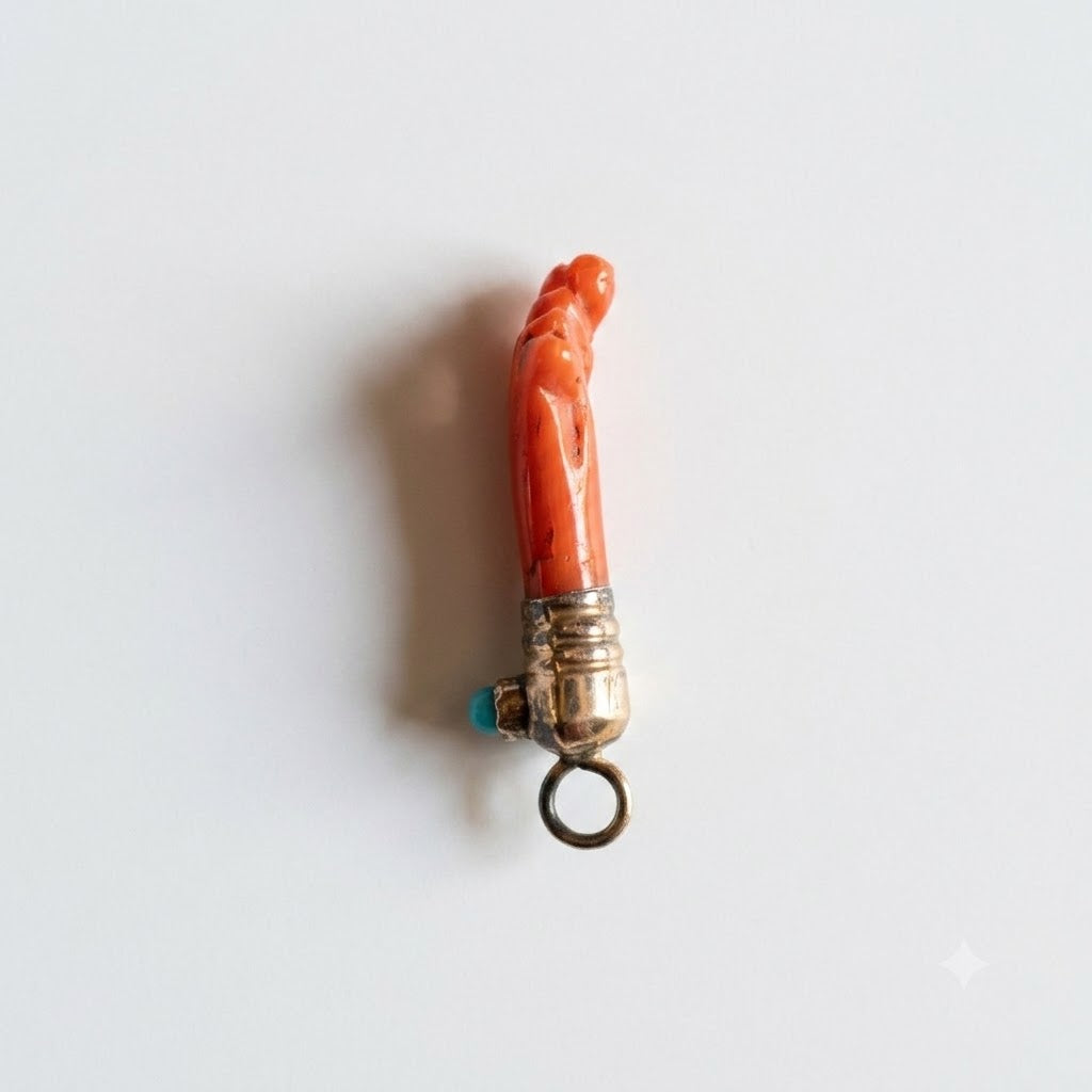Antique Victorian Natural Coral Figa Pendant, Hand Carved Mano Fico, Gold Plated Hand Amulet, Lucky Talisman Charm, 19th Century Coral Hand