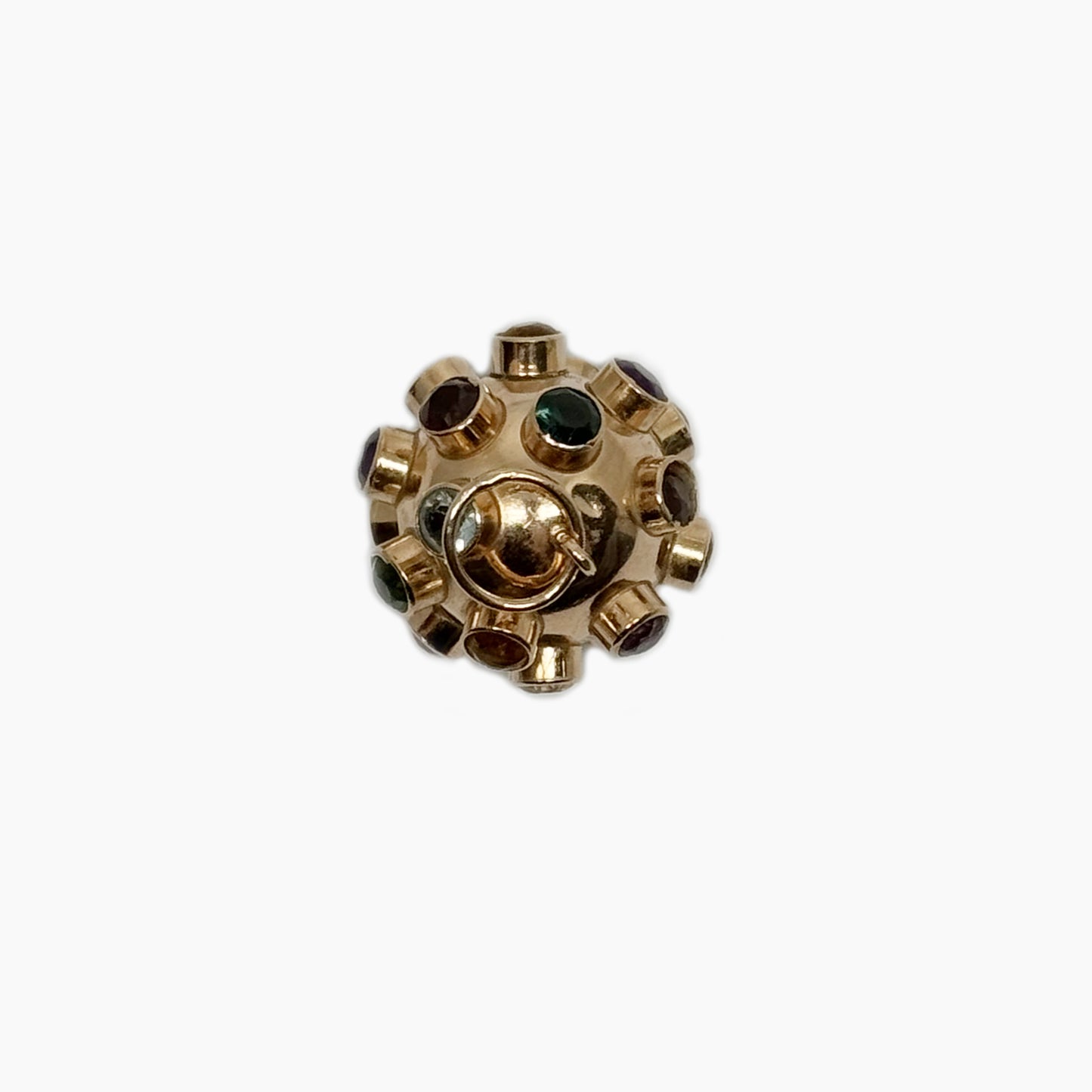 Vintage 14k Gold Sputnik Ball Charm, Multi-Colored Gemstone Pendant , 14 ct Solid Gold Sputnik Charm, 3d Ball, Sphere Gold Charm