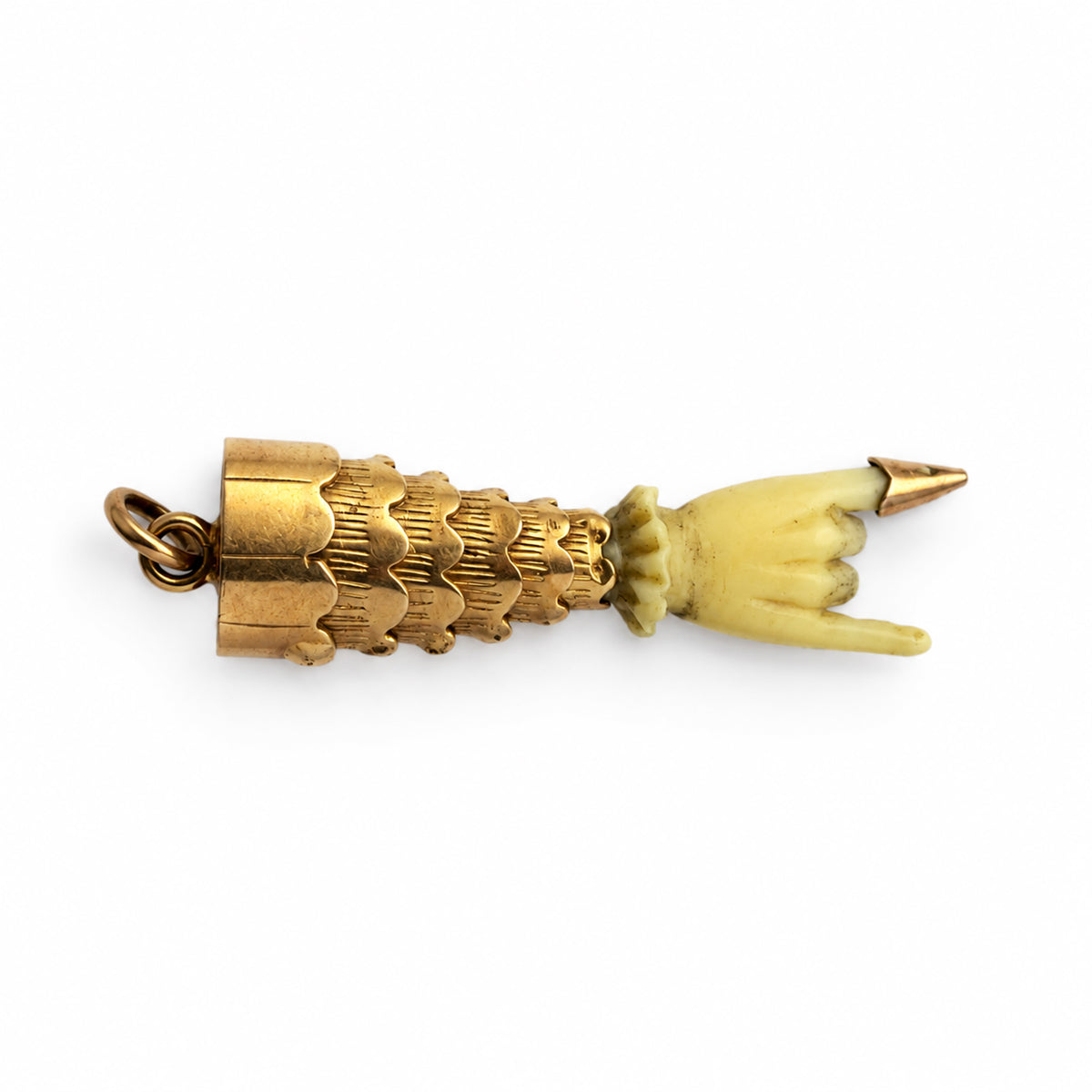 Antique Victorian 18k Gold Mano Cornuto Charm, Bone Horned Hand Figa Amulet, Italian Evil Eye Talisman, Articulated Lucky Pendant