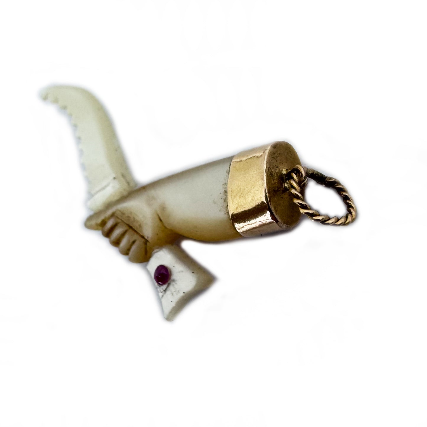 Antique 18k Gold Mother of Pearl Figa Charm with Knife, Mano Fico Talisman, Evil Eye Protection Pendant, c.1900