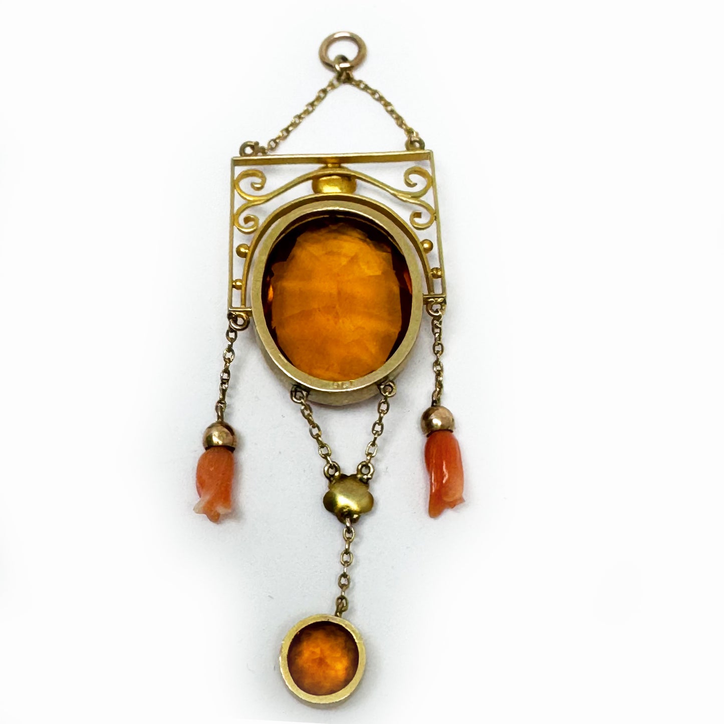 Edwardian 9ct Gold Festoon Pendant, Coral Bud Drops, Citrine Colour Glass Stone