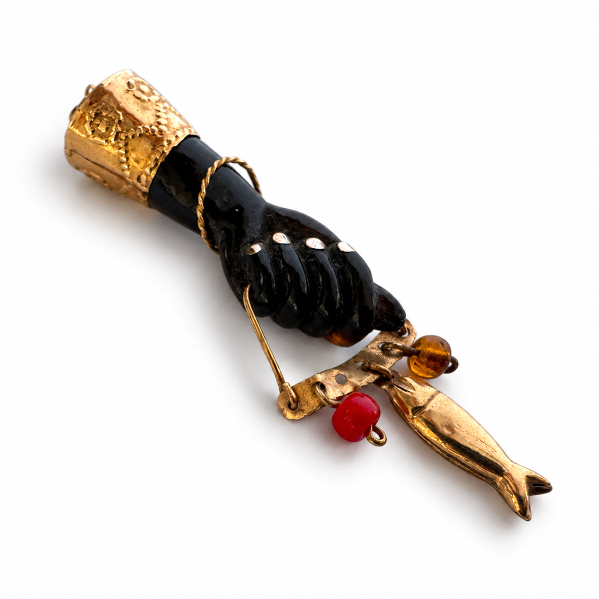 Antique 18K Gold & Stained Horn Figa Pendant, Mano Fico Lucky Charm, Fig Hand Amulet with Fish Charm, Italian Talisman, Victorian Pendant