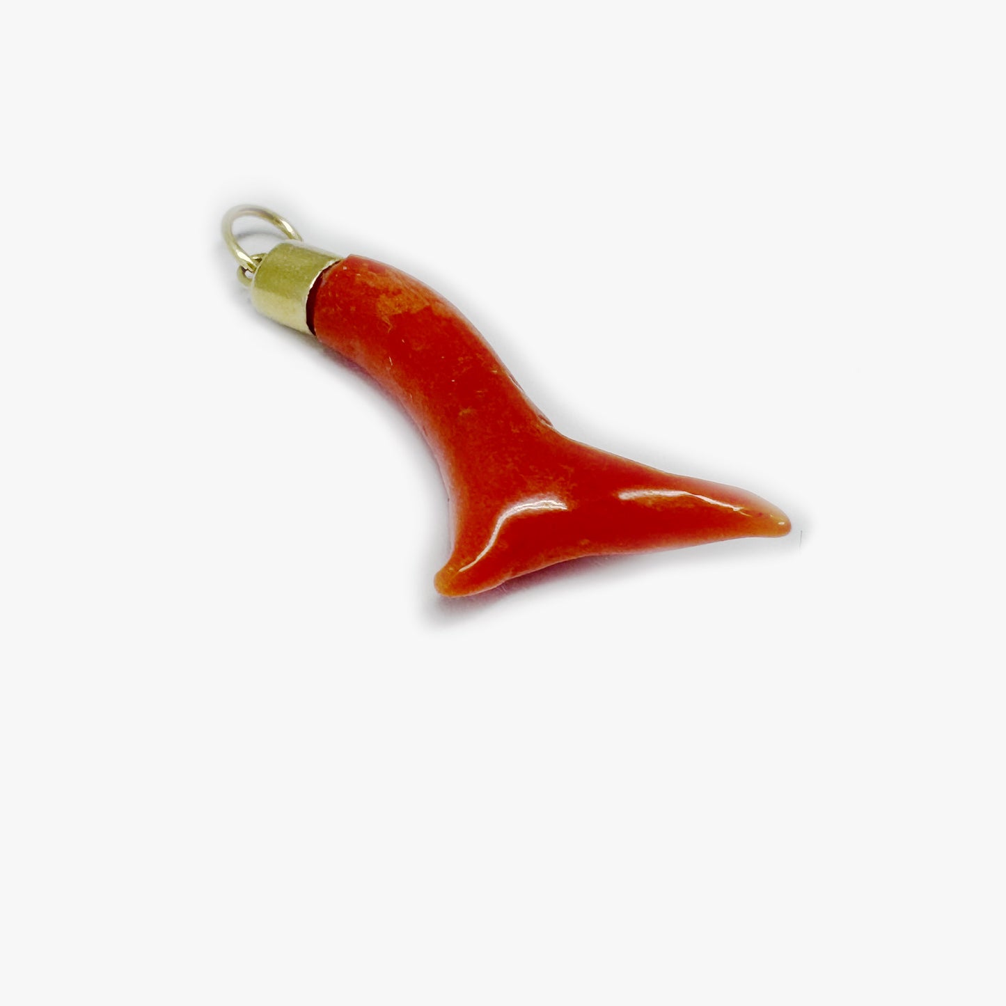 Antique Mediterranean Coral Charm in 14k Gold Setting, Early 20th Century Natural Coral Pendant, Salmon Orange Corno Amulet