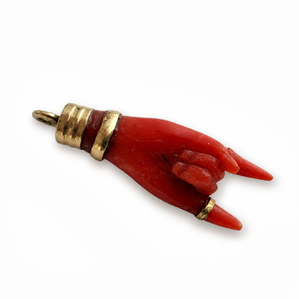 Antique 14k Coral Horned Hand, Natural Mediterranean Coral, Lucky Charm, Victorian, Figa Charm, Sign of Horn, Mano Cornuto, Evil Eye