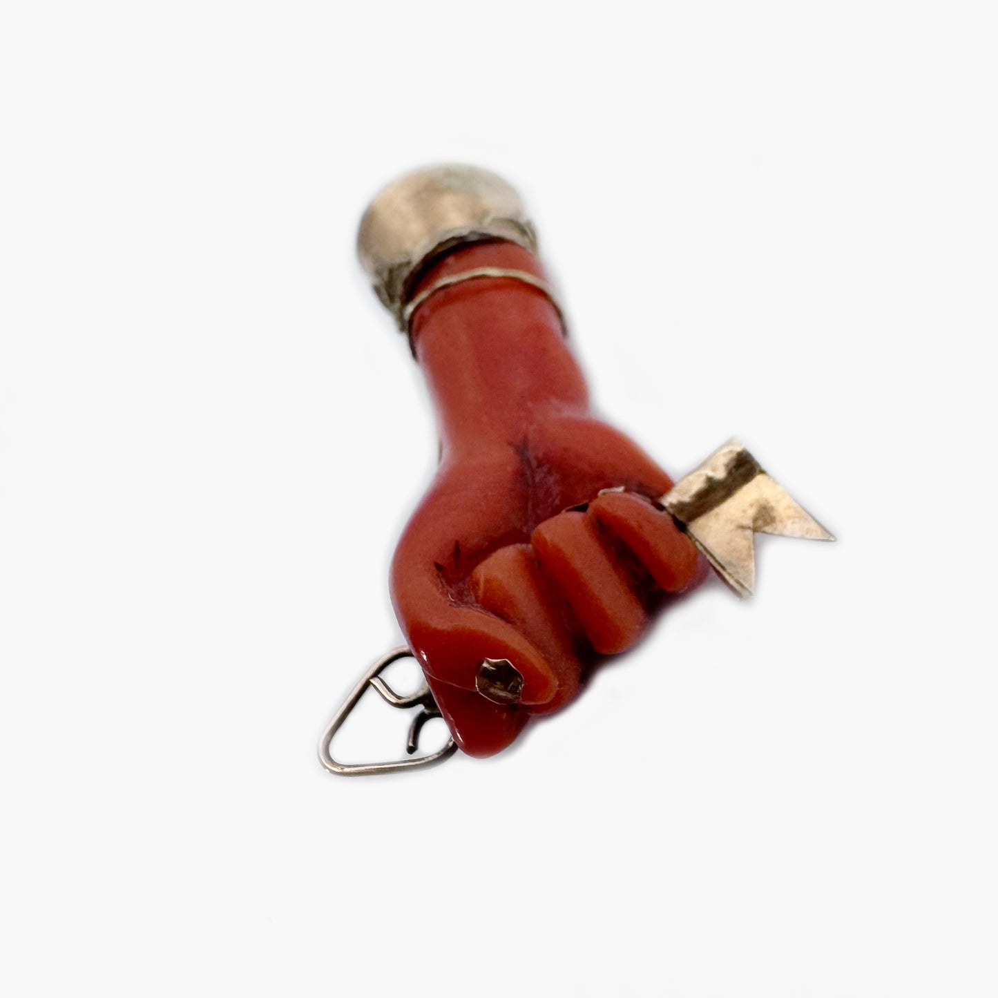 Antique Victorian Coral Figa Charm, 9k Gold Mano Fico Fist Pendant with Gold Key, Lucky Amulet