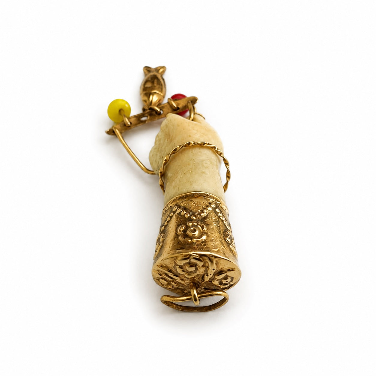 Antique 14k Gold Mano Figa Pendant: Victorian Bone Charm with Fish, Hand Pendant, Lucky Charm