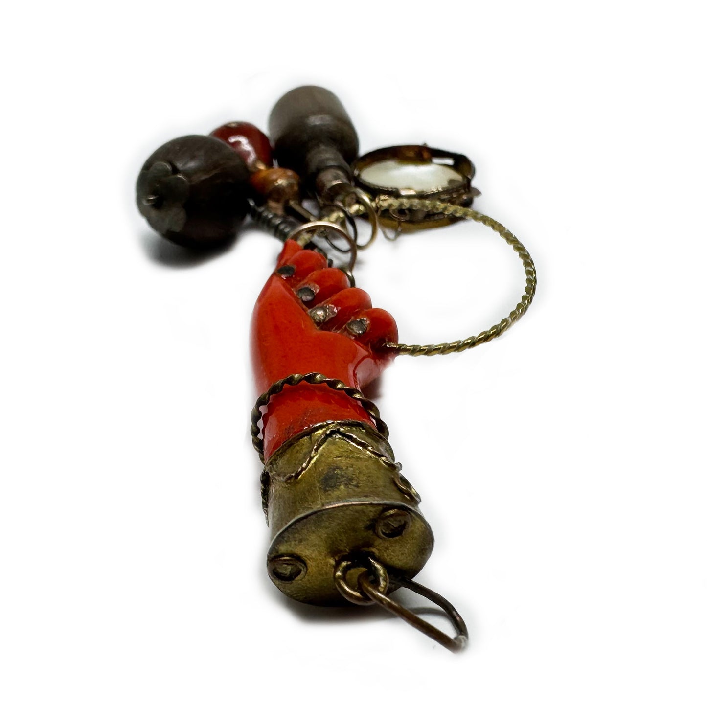 Vintage 1960s Red Figa Charm, Mano Fico Amulet with Mini Charms, Metal Bakelite Fist, Brazilian Lucky Talisman Jewelry