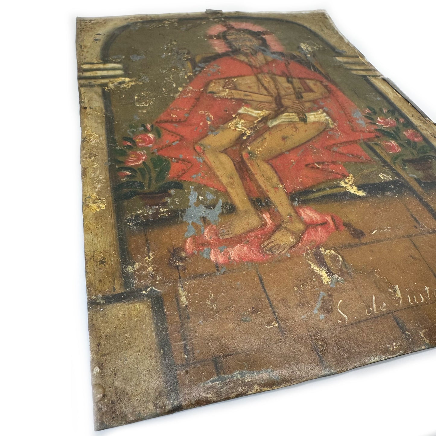 Antique Christ Mocked Painting on Tin Metal Panel, Ex Voto Religious Folk Art, 1891 Sacred Heart Icon, Primitive Catholic Devotional Art