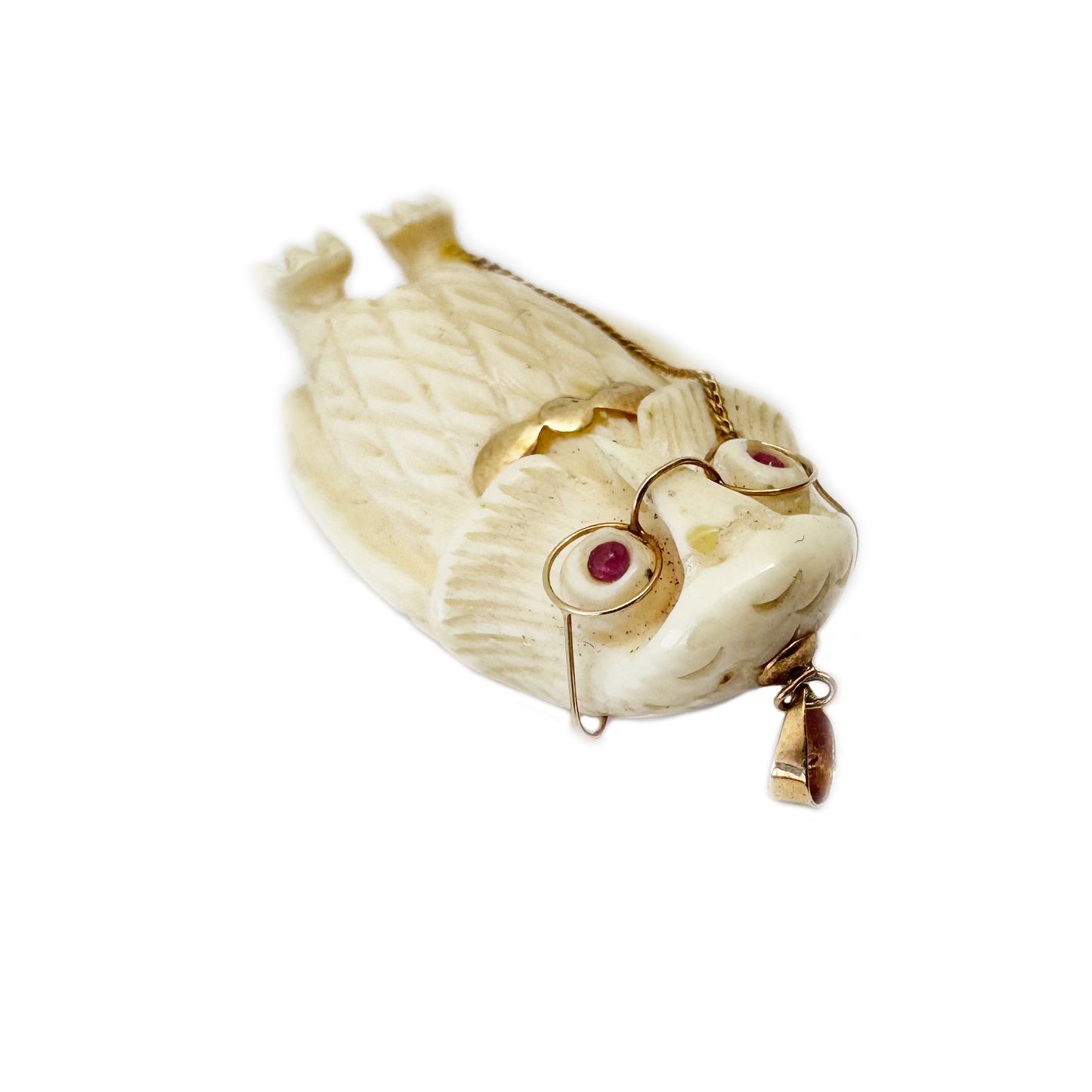 Vintage 14K Gold Owl Pendant With Glasses, Carved Bone Owl Charm, Ruby Eye Owl Necklace Pendant, Mid Century Novelty Jewellery, Wise Charm