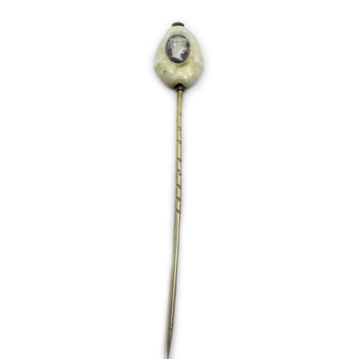 Rare Victorian Cowrie Shell Cameo Stick Pin, Antique Italian Grand Tour Gold Plated Cravat Pin, Miniature Shell Portrait, 1800s