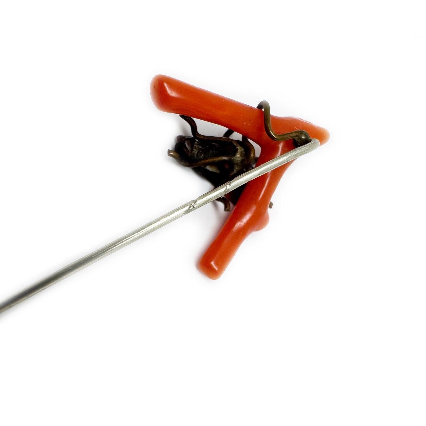 Antique Coral Pin, Victorian Coral Branch Stick Pin Brooch, Carved Horn Fly Insect Tie Pin, Novelty Treasure, Lucky