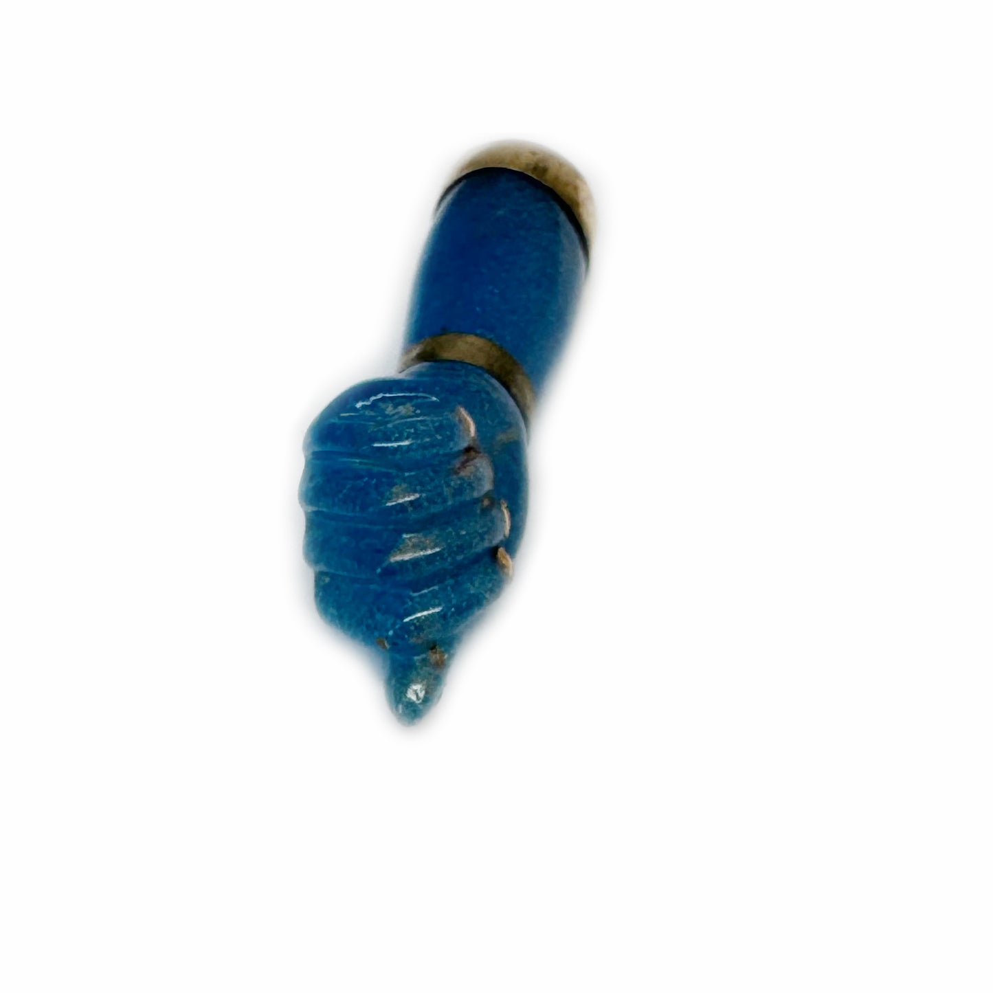 Vintage 1950s 9k Gold Blue Figa Charm, Carved Resine Hand Amulet, Vintage Mano Fico, Lucky Fist Pendant