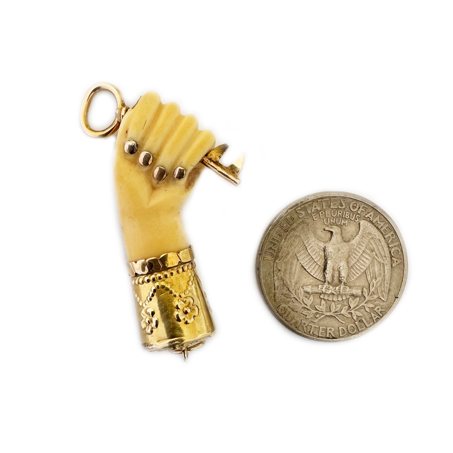 Antique 14K Gold Figa, 1940s, Bone Tone Bakelite, Fist Hand Pendant, Key, Amulet, Charm, Mano Fico Pendant, Figa Charm, Evil Eye Pendant