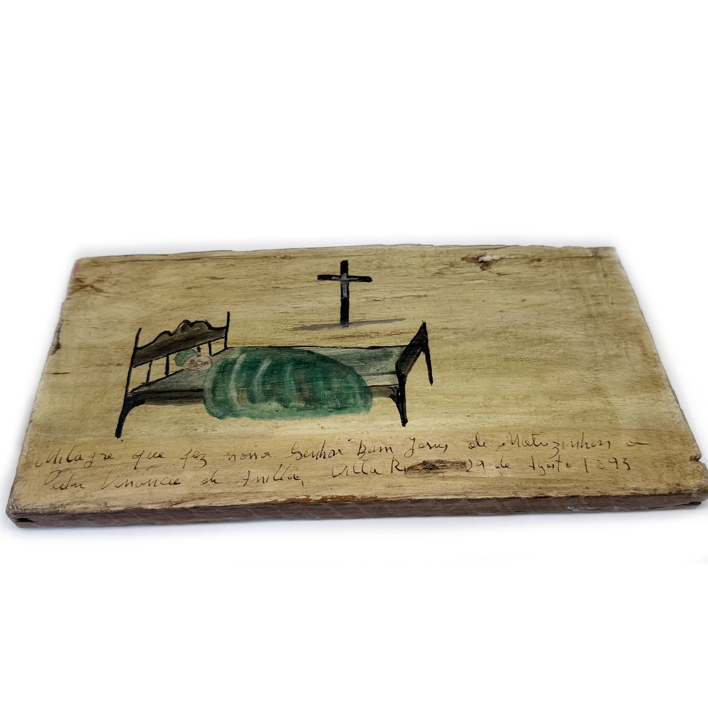 Antique Portuguese Ex Voto Painting 1893 Folk Art Retablo on Wood Religious Miracle Healing Devotional Santos Colonial Portuguese