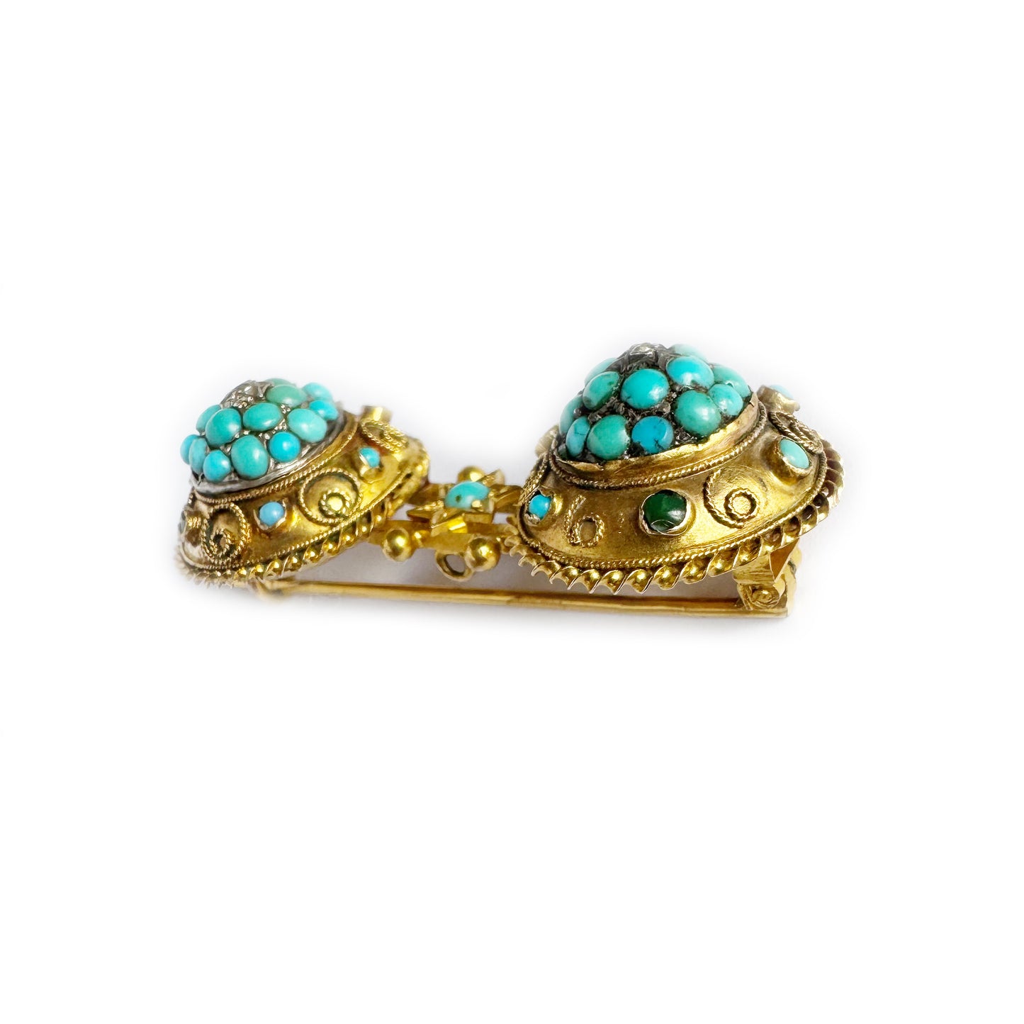 Antique Victorian 15k Gold Brooch, Etruscan Revival Turquoise Diamond Pin, 15ct Double Brooch, 1800s Ancient Italian Style Classical Jewelry