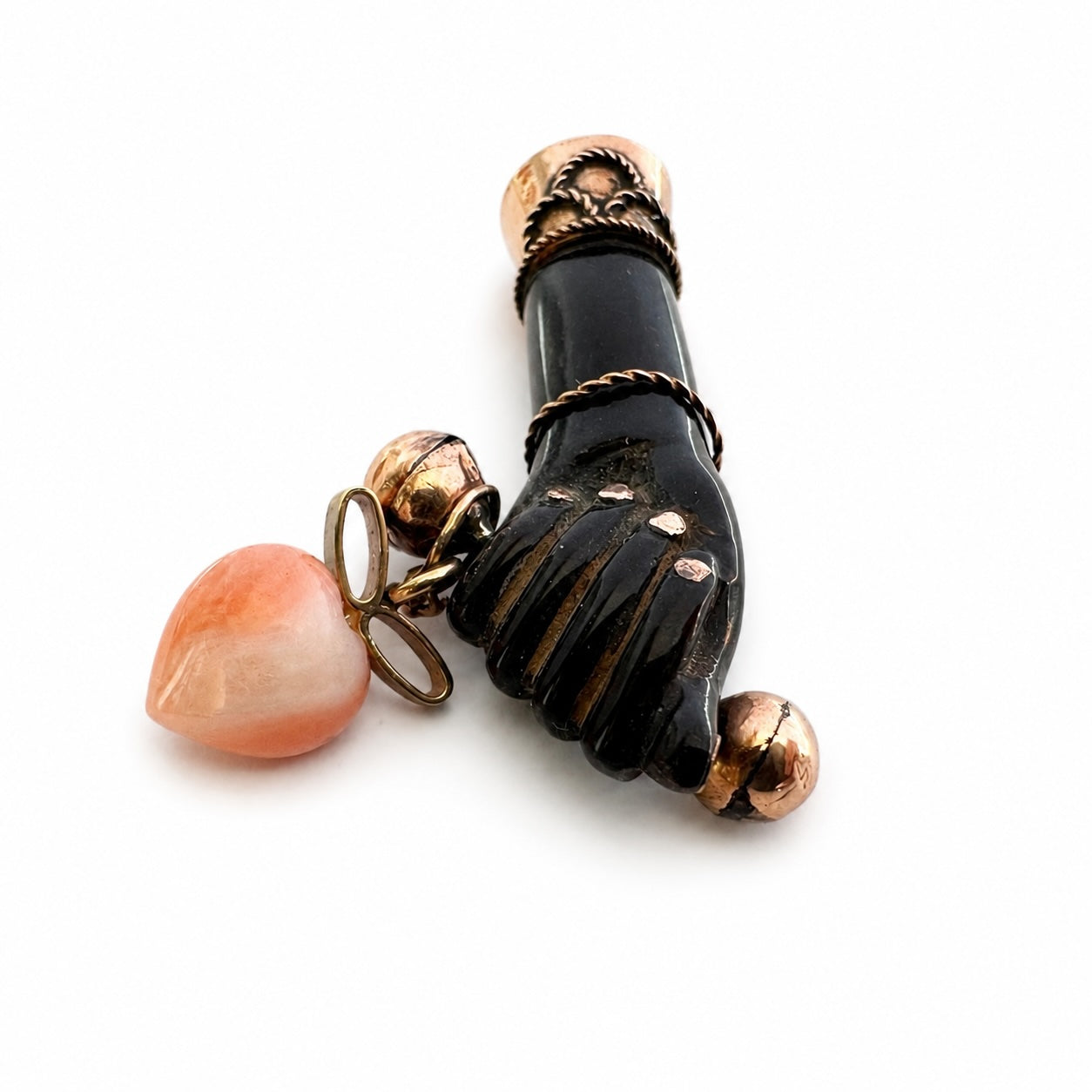 Antique 9k Gold Black Figa Pendant, Coral Heart Charm, Lucky Hand Amulet, Mano Fico, Italian Good Luck Talisman, 1920s Charm