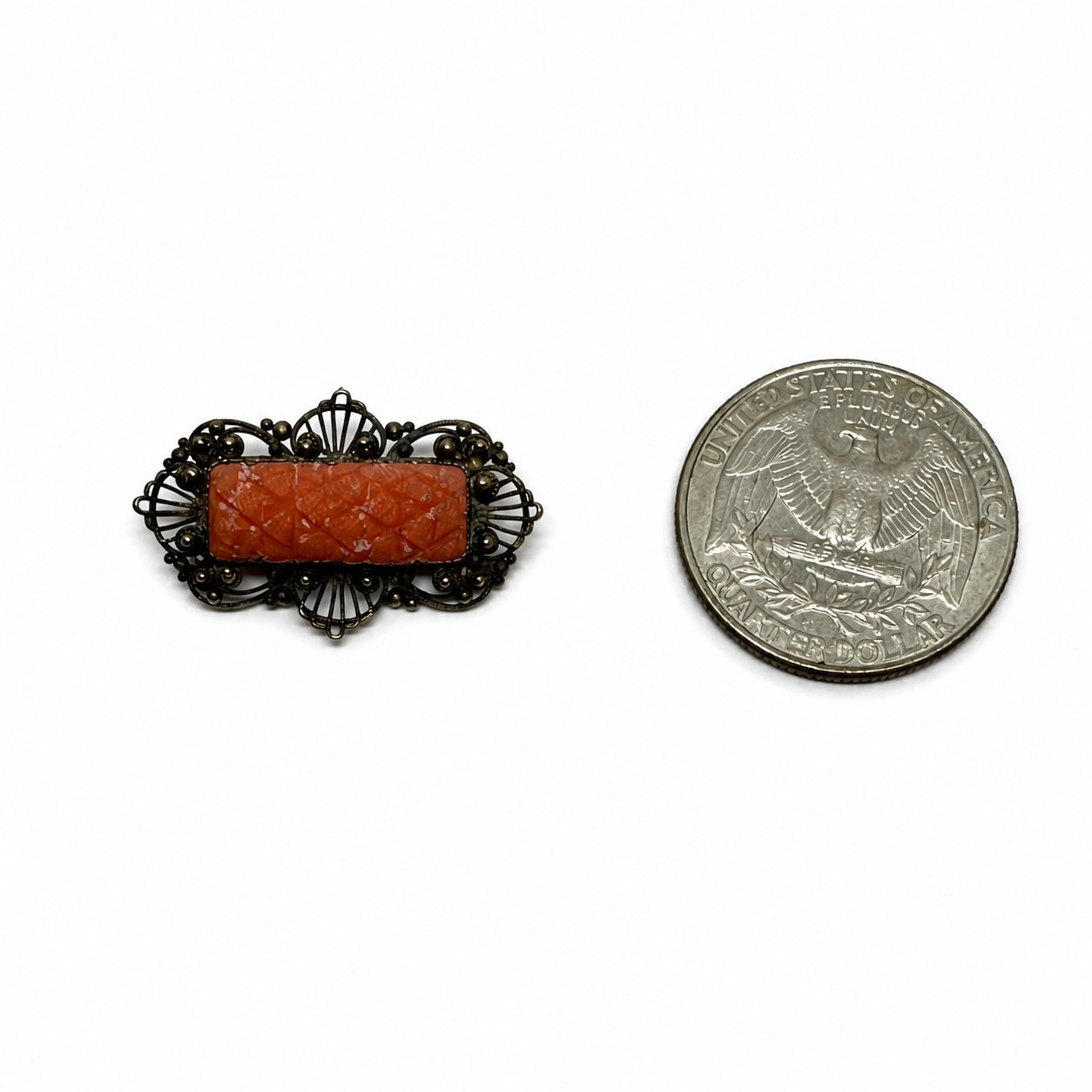 Georgian Coral Brooch 14K Gold Filigree Lace Pin, Hand Carved Natural Coral, Regency Fichu Pin, Antique Coral Jewellery, c.1820