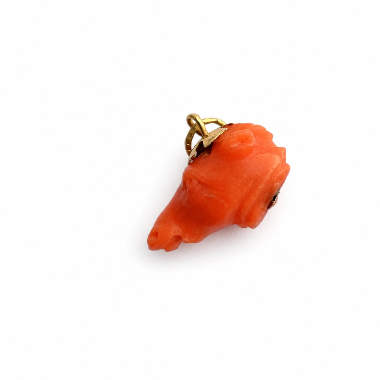 Antique 14k Coral Pig Head Lucky Charm, Victorian Wild Boar Miniature Face, Natural Mediterranean Coral, Animal Pendant, 14 ct Gold