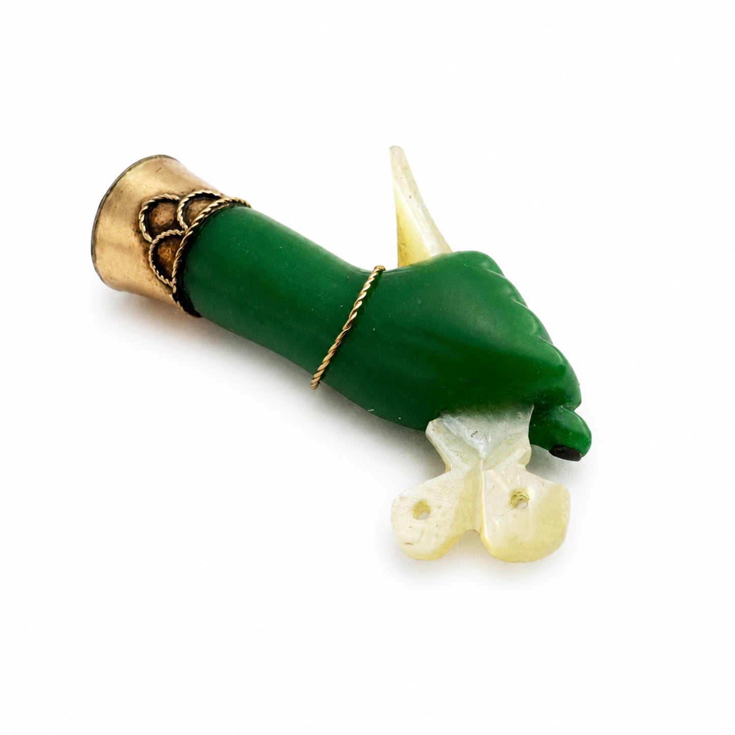 Vintage 14k Gold Green Figa Pendant, Mano Fico Lucky Charm, Mother of Pearl Scissors Charm, Protective Hand Amulet, 1950s Jewellery