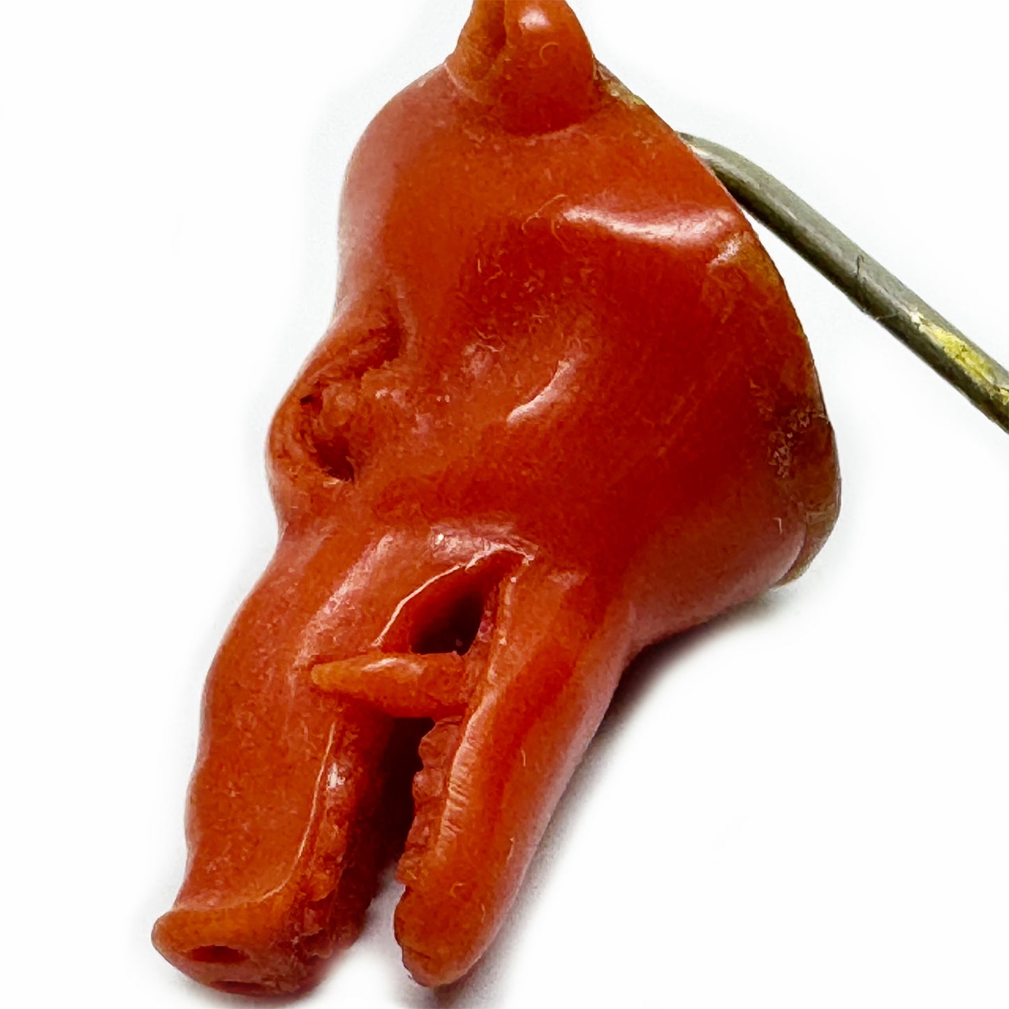 Antique Carved Coral Wild Boar Stick Pin, Victorian Animal Head Tie Pin, Mediterranean Figural Coral Jewelry