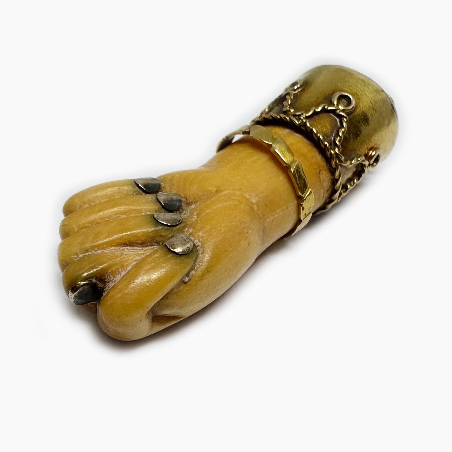 Antique Victorian Bone Figa Mano Fico Pendant, 18k Gold Mounted Hand Amulet, c.1800s Lucky Charm