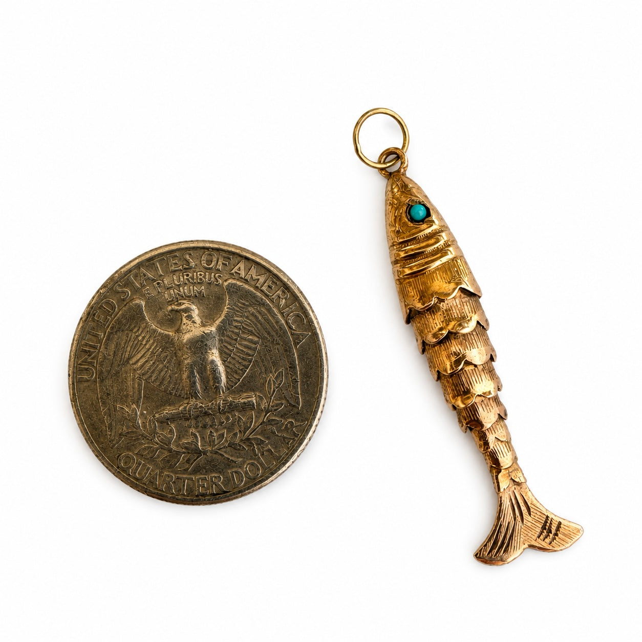 Vintage 18k Gold Articulated Fish Pendant, Moving Fish Charm, Turquoise Eyes, Mid Century 18 ct Gold Lucky Charm, Nautical Jewellery