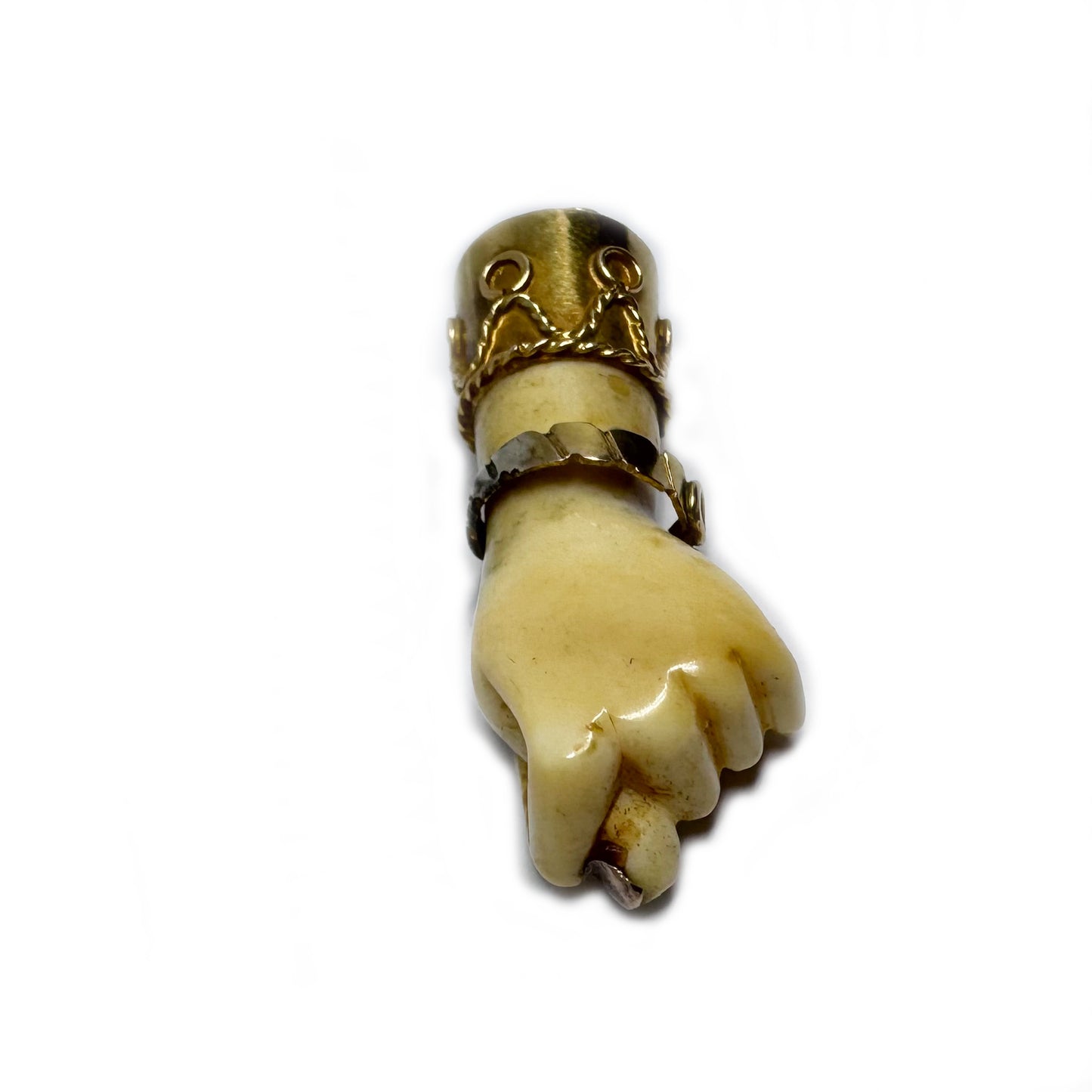 Antique Victorian Bone Figa Mano Fico Pendant, 18k Gold Mounted Hand Amulet, c.1800s Lucky Charm
