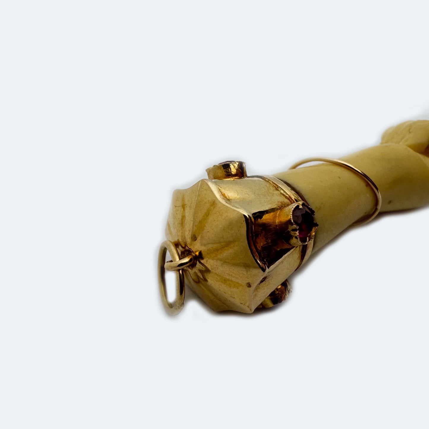 Vintage 18k Gold Figa Hand Pendant, Pink Stones, Large Protective Amulet, 1960s Good Luck Talisman