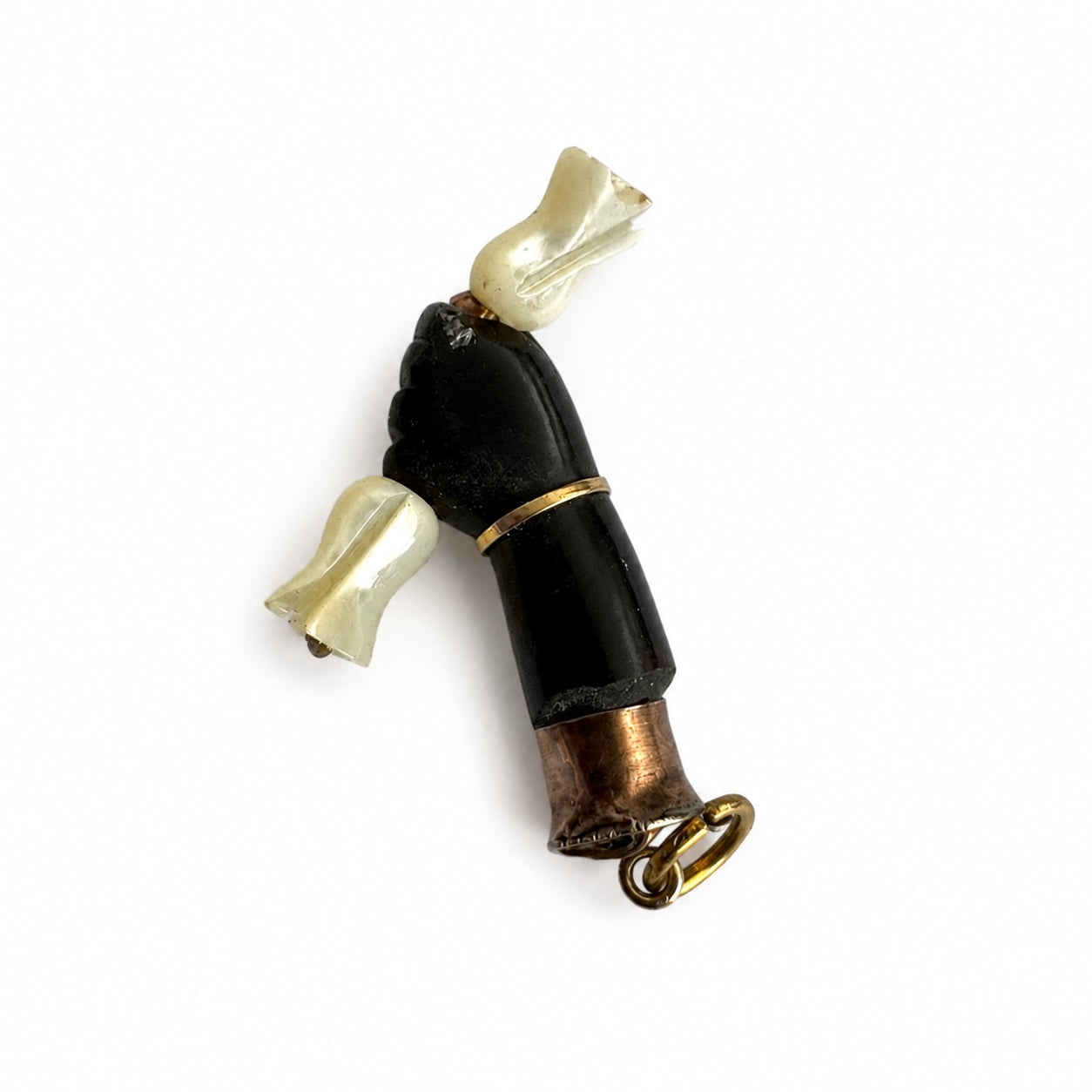 Antique Horn Figa Pendant, Victorian Mano Fico Charm, Mother of Pearl Rosebuds, Protective Amulet, Folk Talisman, Lucky Hand Charm