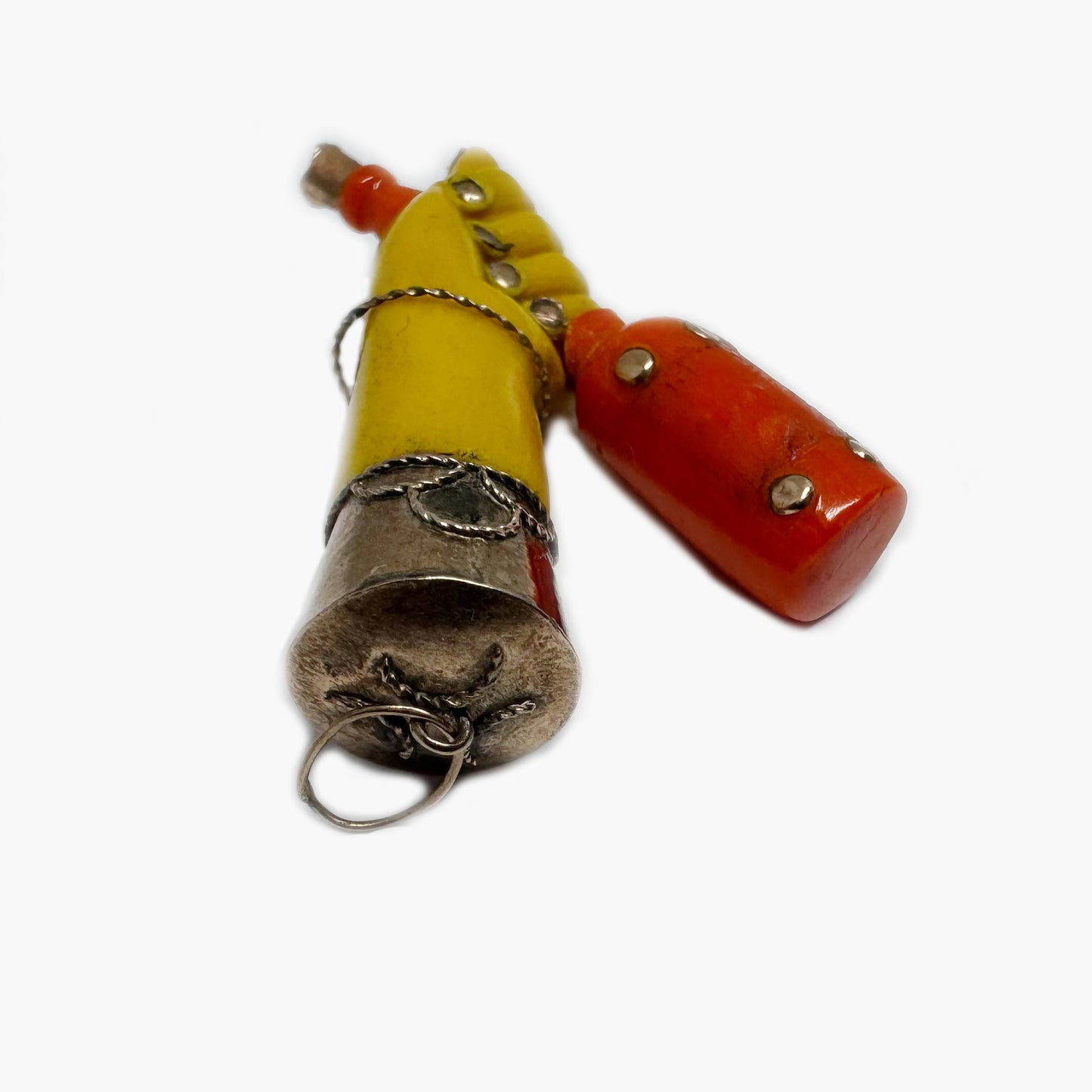 Vintage Mid-Century Resin Mano Fico Amulet with Bottle Charm, Rose-Gold Plated Setting, Folk Art Talisman, Curious Ex-Voto Style Pendant