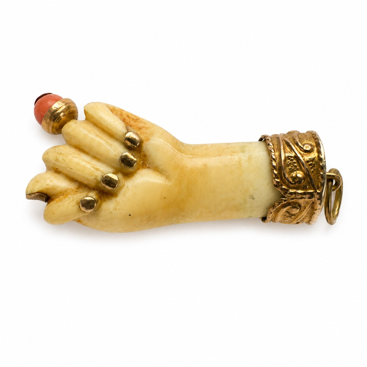 Antique Victorian Bone Figa Hand Pendant, 14k Gold & Coral Mano Fico Amulet, Lucky Talisman, Evil Eye Protection, Figa Charm