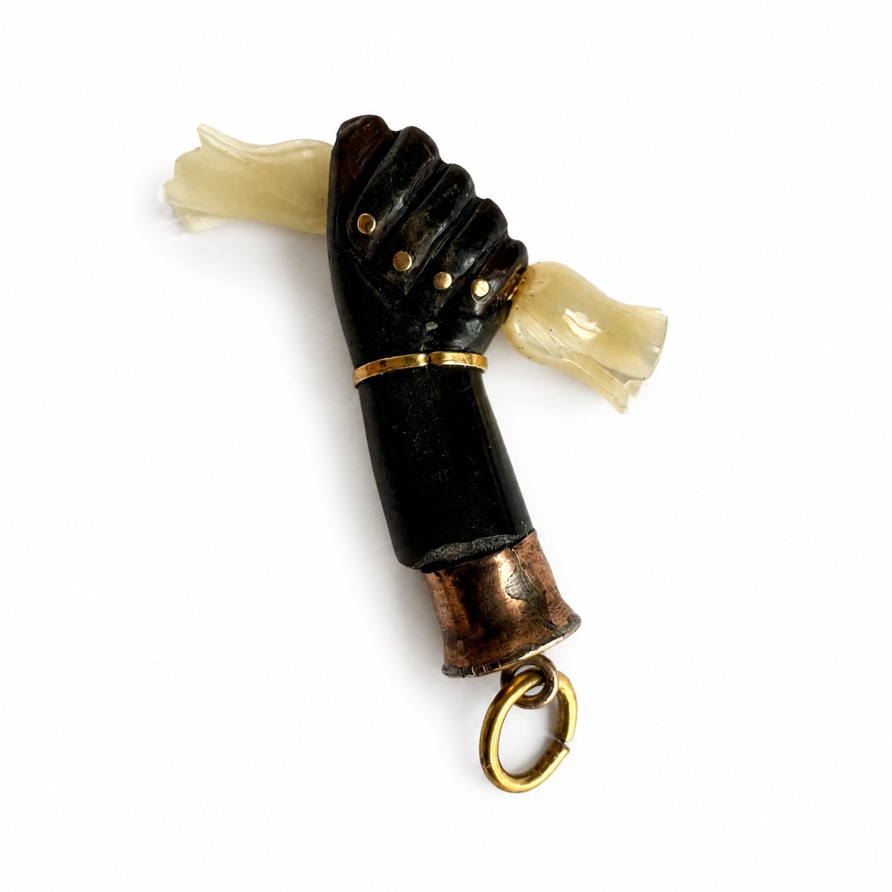 Antique Horn Figa Pendant, Victorian Mano Fico Charm, Mother of Pearl Rosebuds, Protective Amulet, Folk Talisman, Lucky Hand Charm