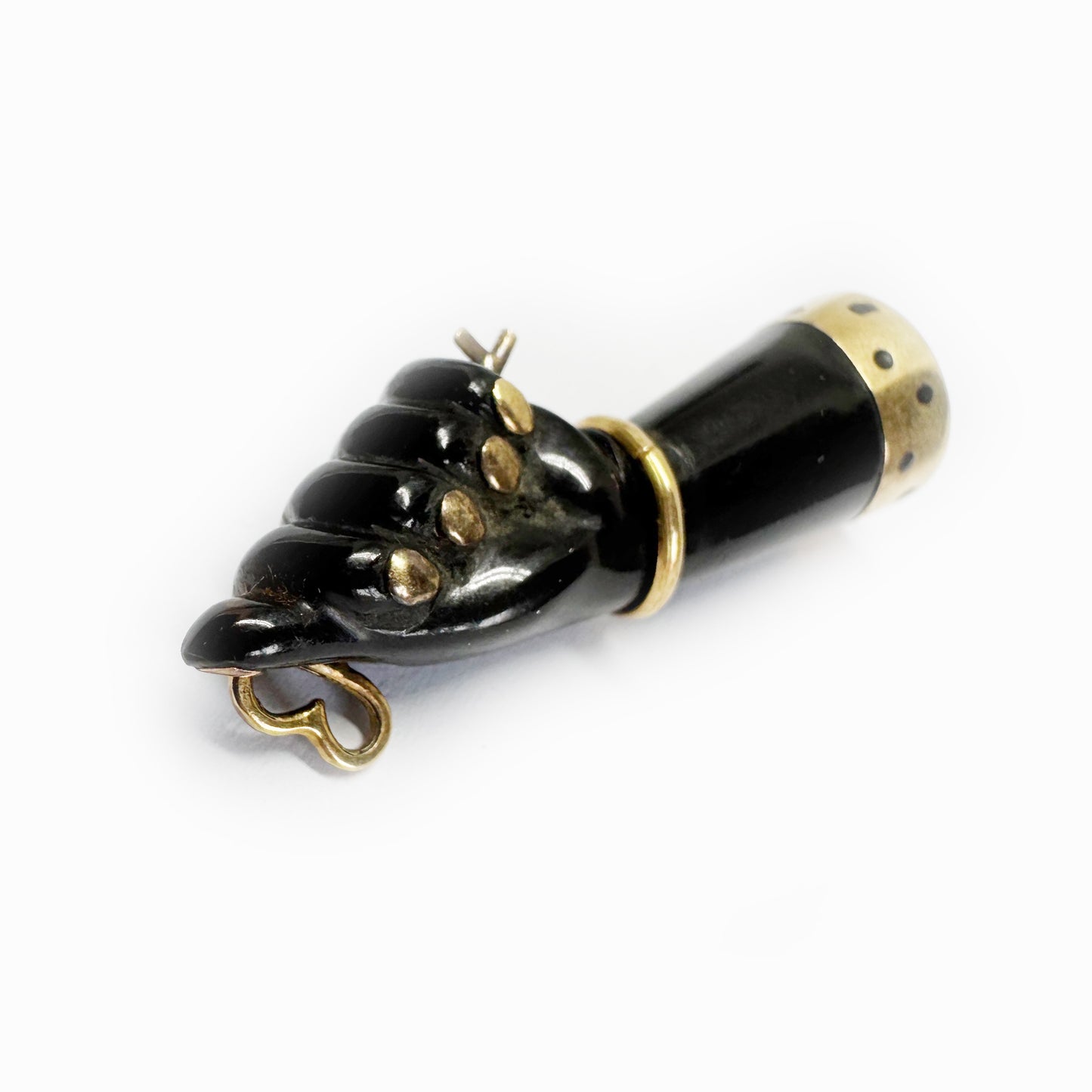 Antique 14k Gold Black Fist Charm, 1920s Figa Pendant, Jet-Style Mano Fico Amulet, Vintage Protection Jewellery