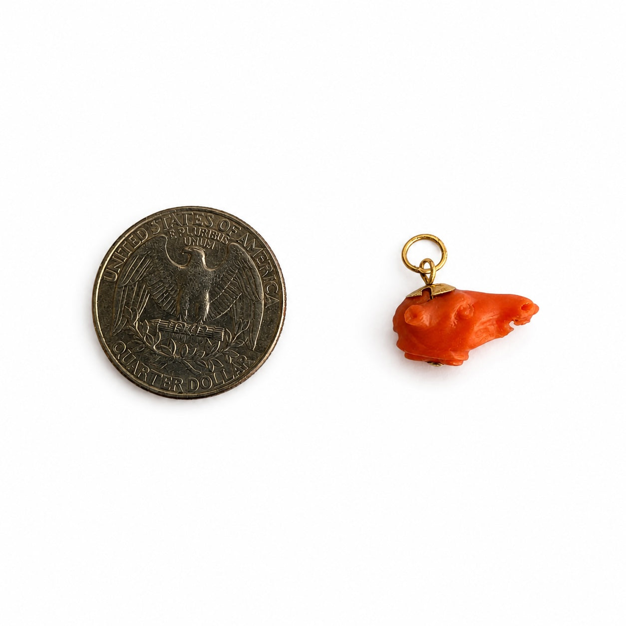 Antique 14k Coral Pig Head Lucky Charm, Victorian Wild Boar Miniature Face, Natural Mediterranean Coral, Animal Pendant, 14 ct Gold