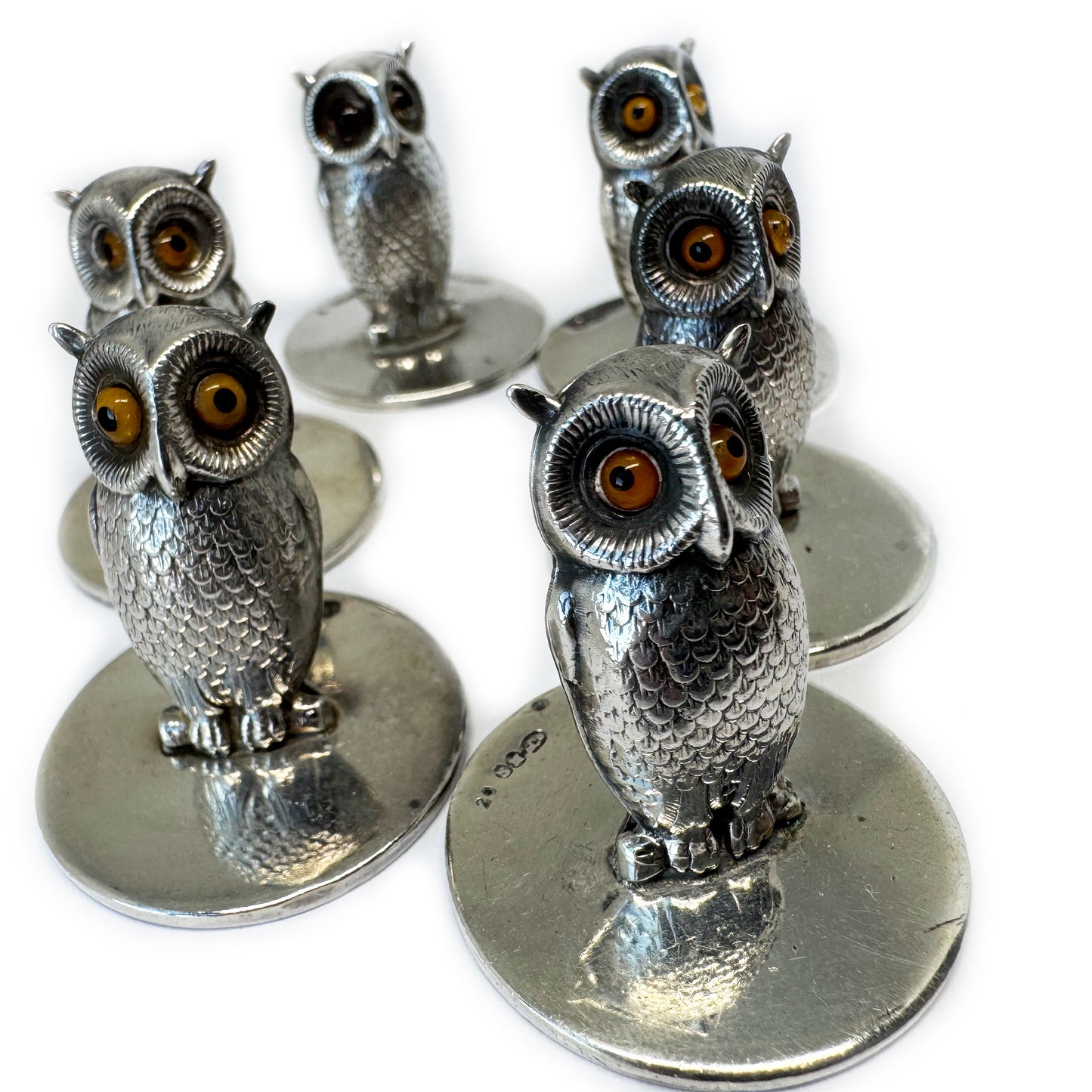 Antique Sterling Silver Owl Menu Holders, Set of 6 S Mordan Chester, 1905 Edwardian Place Card Holders, Glass Eyes, Hallmarked Silver