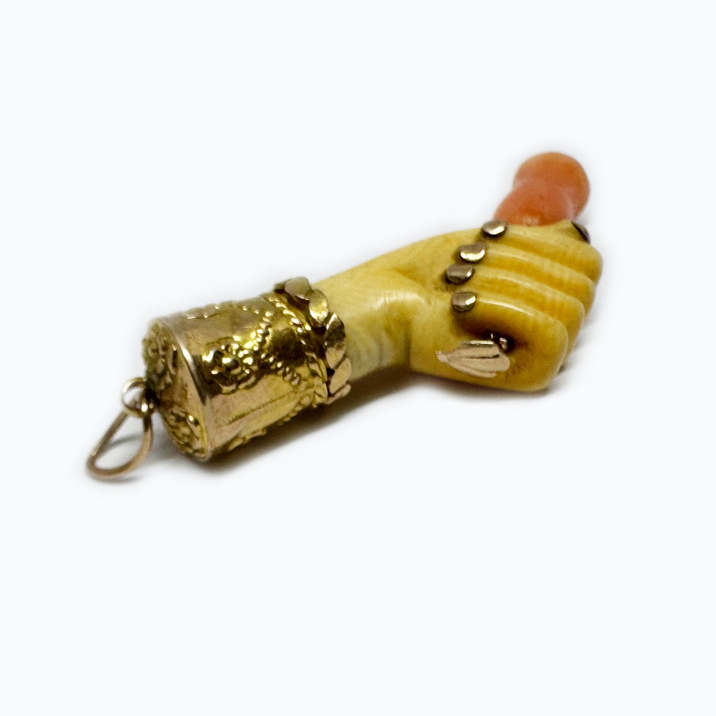 Antique 9k Gold Bone Figa Pendant, Victorian Coral Flower Amulet