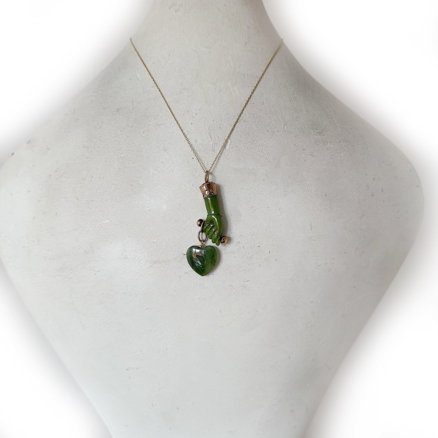 Vintage Green Figa Hand Pendant, Quartz Heart Charm, Resin Fist Amulet, Gold-Tone Mount, Lucky Protection Charm