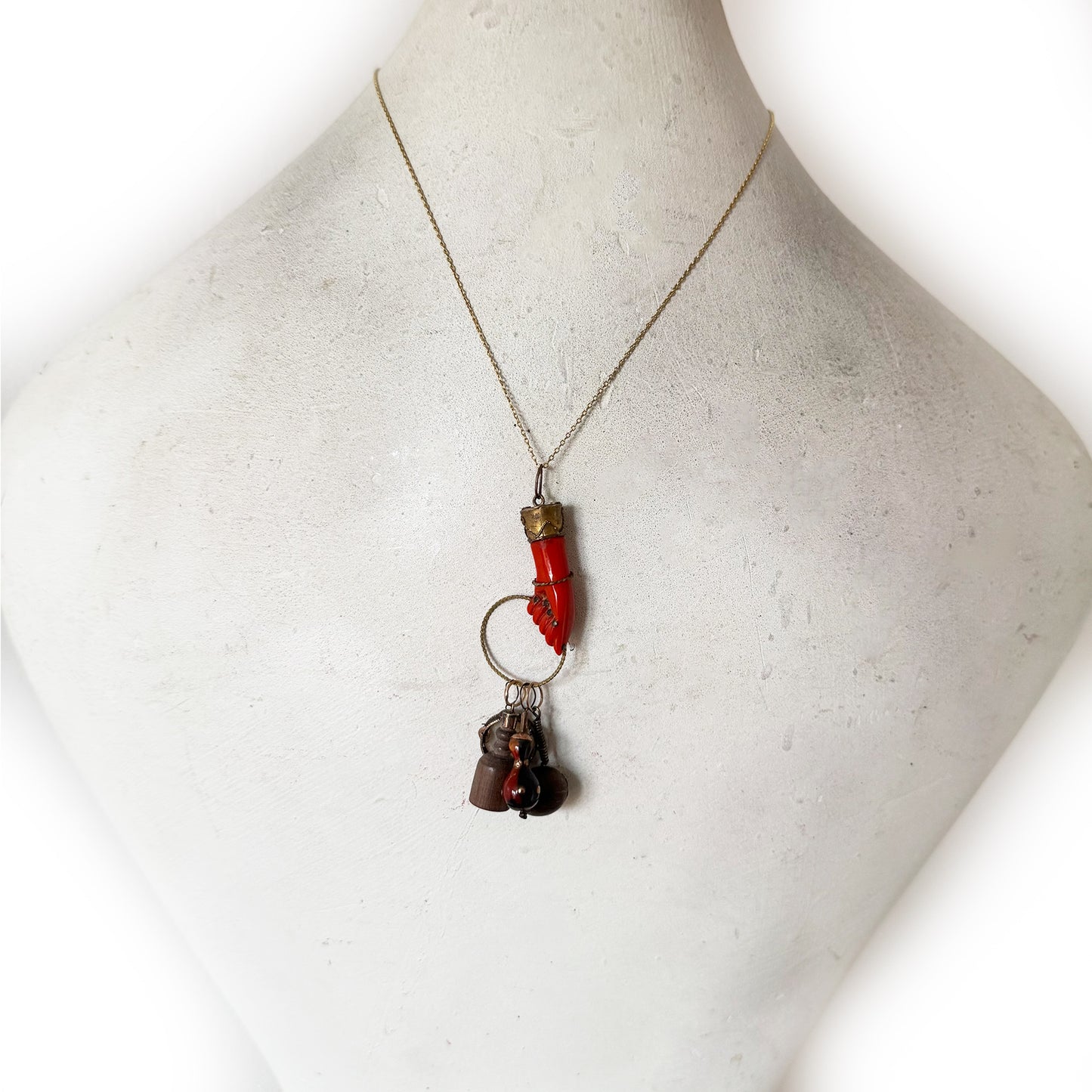 Vintage 1960s Red Figa Charm, Mano Fico Amulet with Mini Charms, Metal Bakelite Fist, Brazilian Lucky Talisman Jewelry