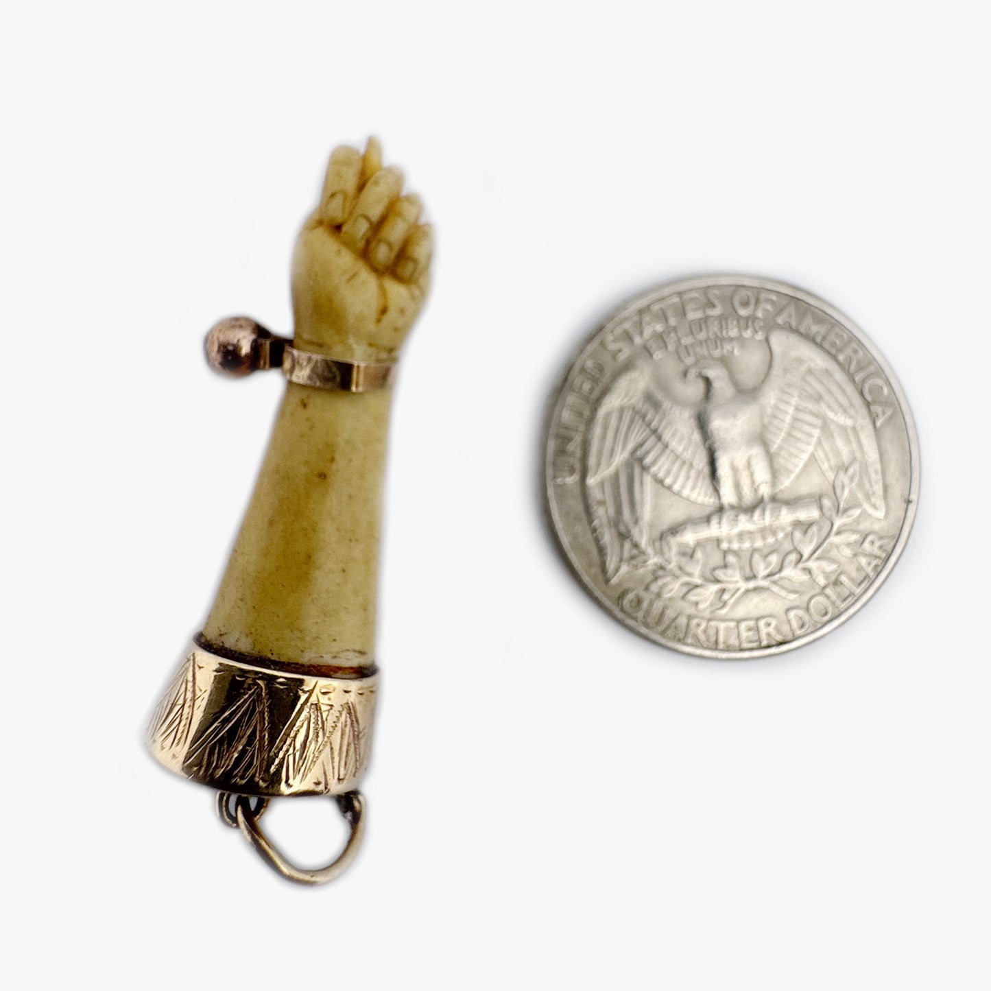 Antique Victorian Bone Figa Hand Pendant, 14k Gold Amulet Charm, Mano Fico Lucky Hand