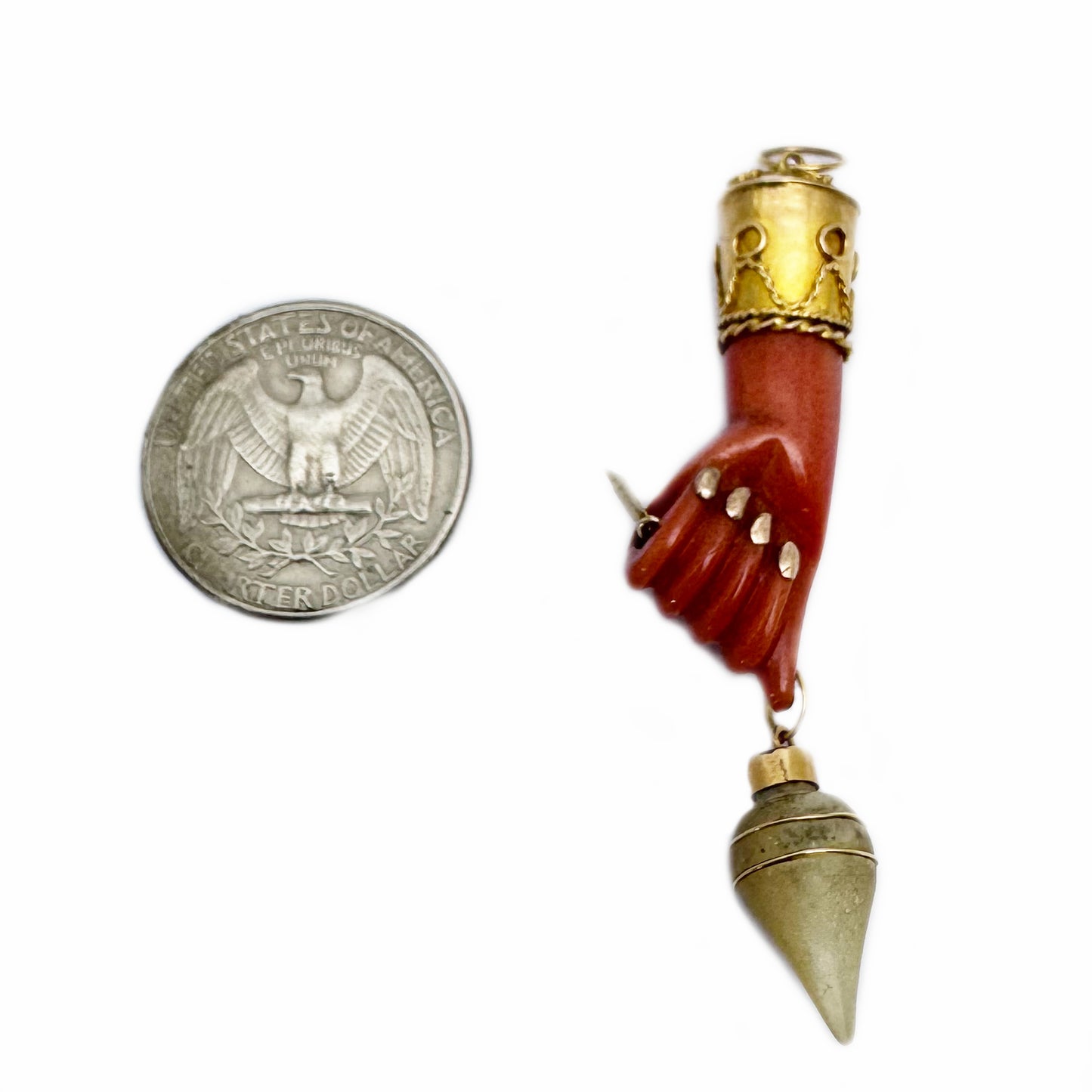 Vintage 14k Gold Mano Fico Pendant, 14 ct Gold Galalith Mother of Pearl Figa, Italian Good Luck Hand Charm