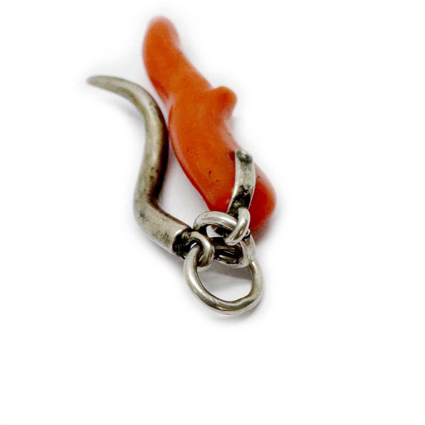 Antique Coral & Silver Amulet, Italian Talisman Charm, Natural Mediterranean Coral Horn, Evil Eye Good Luck Pendant