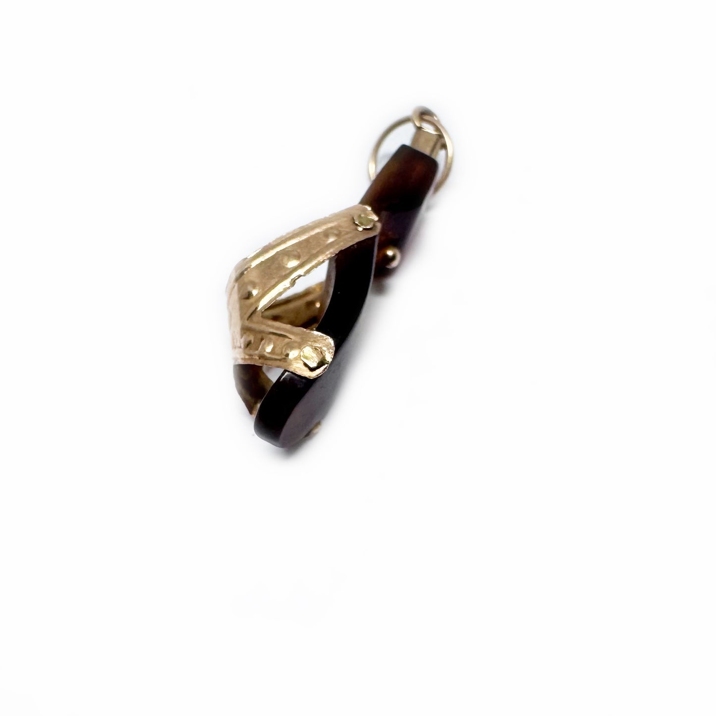 Antique 14k Gold Victorian Horn Shoe Charm Pendant, 14 ct Gold Miniature Sandal Clog, Hand-Carved Shoe Pendant